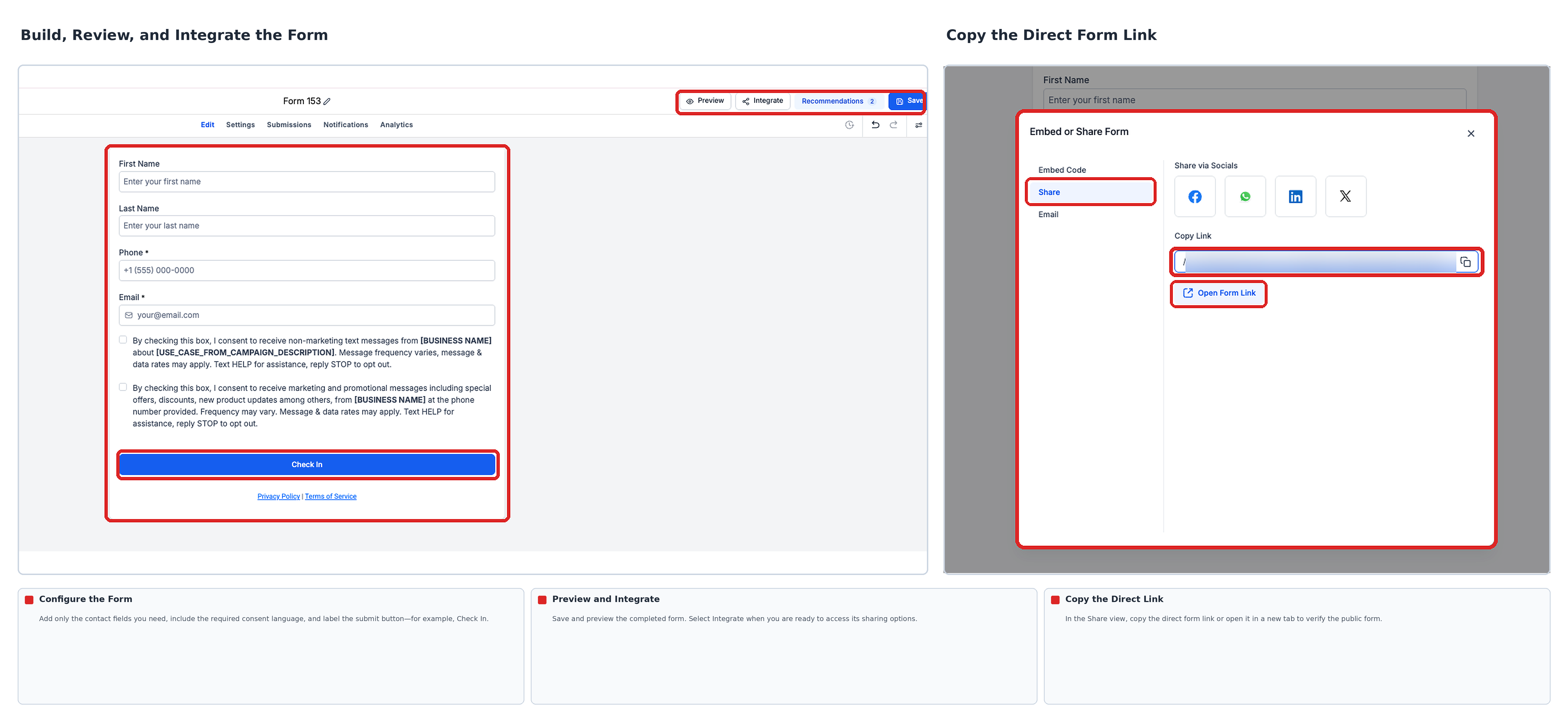 Form Builder showing form configuration, preview, and the Integrate option for accessing the direct form link