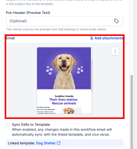 Send Email action showing the Sync Edits to Template checkbox