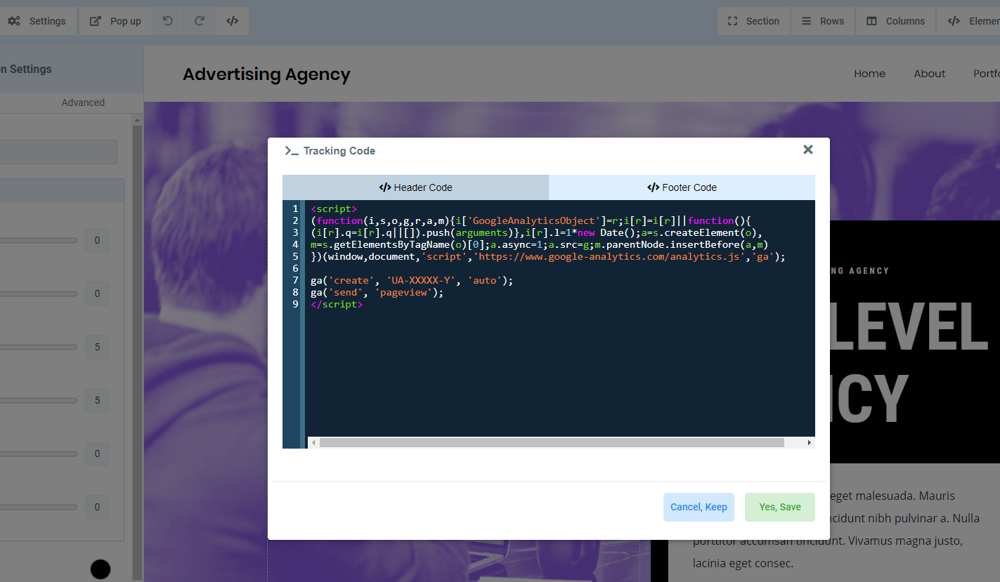 Original page showing tracking code configured in the page-level Tracking Code editor