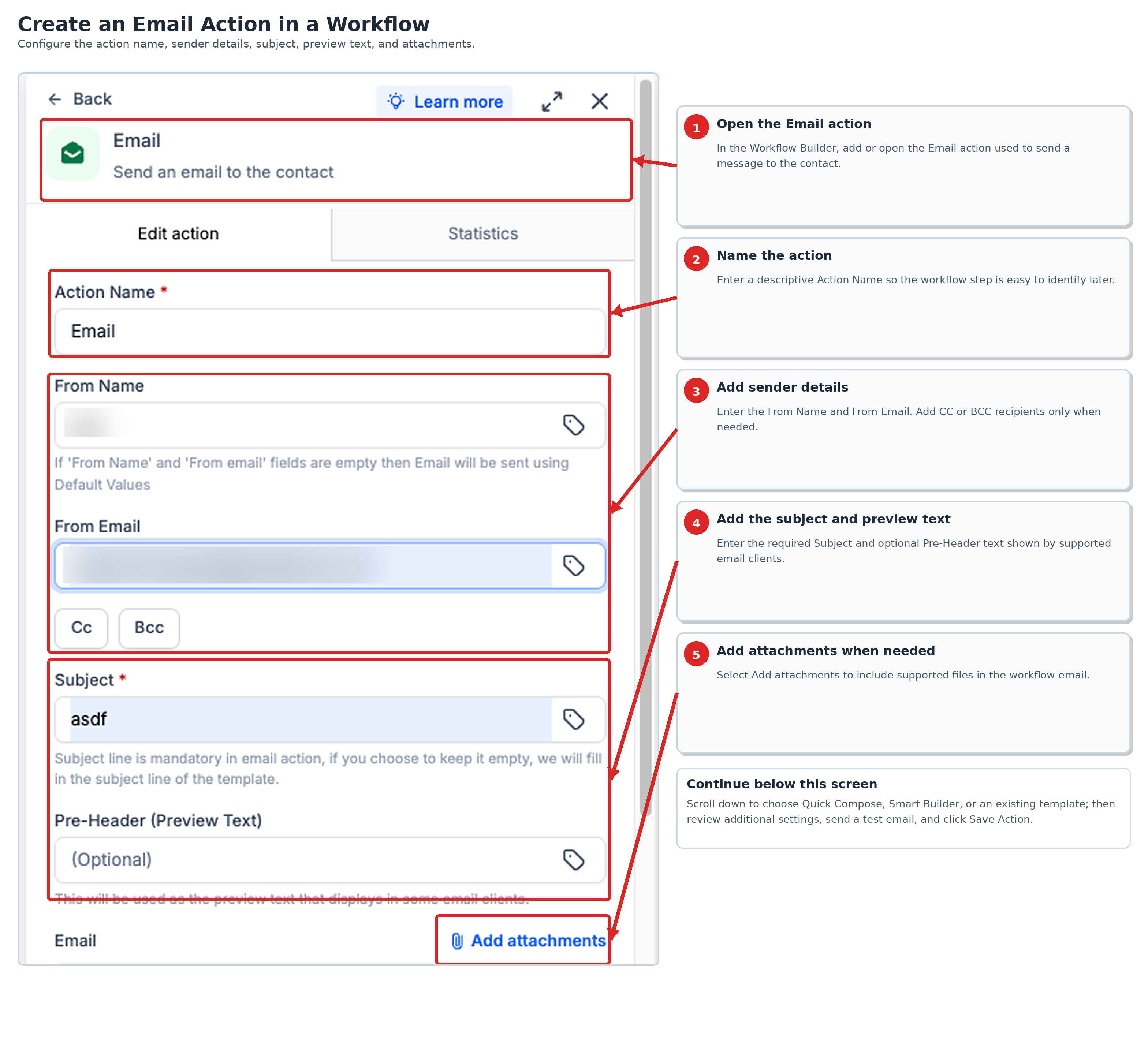 Workflow Send Email action showing sender information, subject, preview text, and attachments