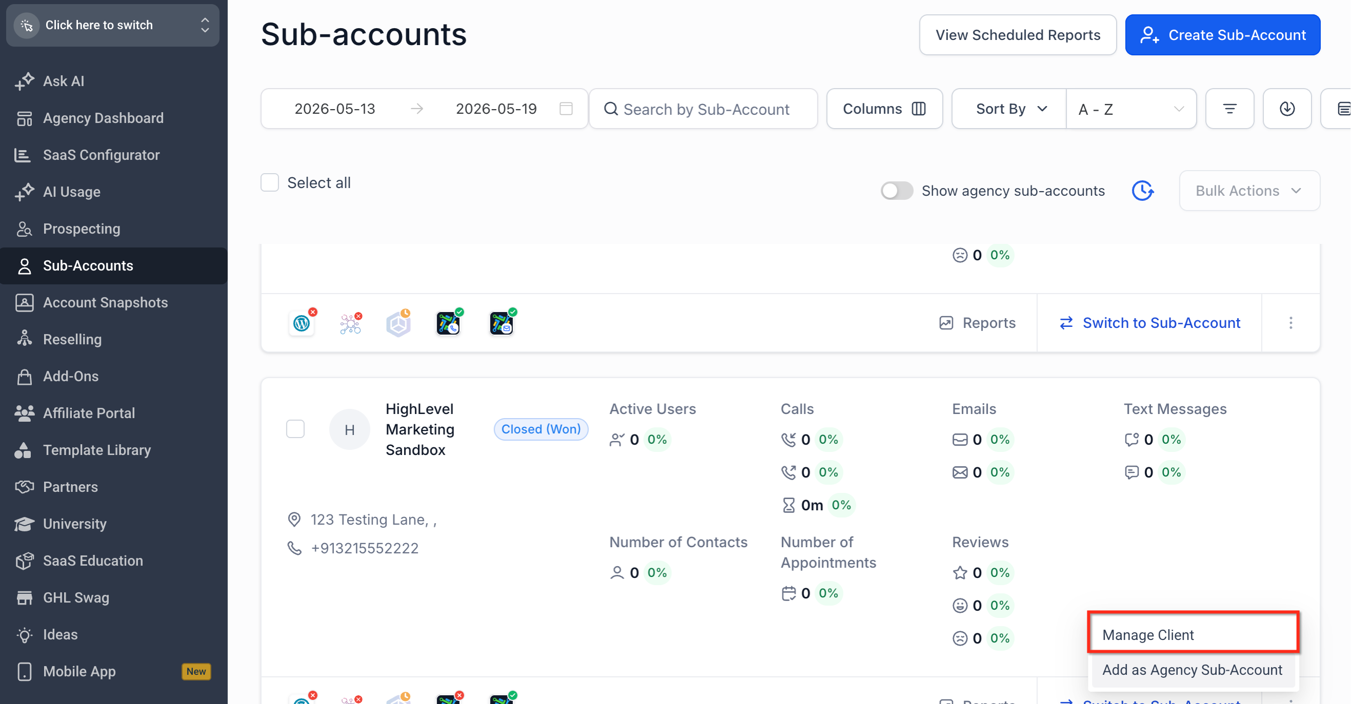 Sub-account action menu showing Manage Client