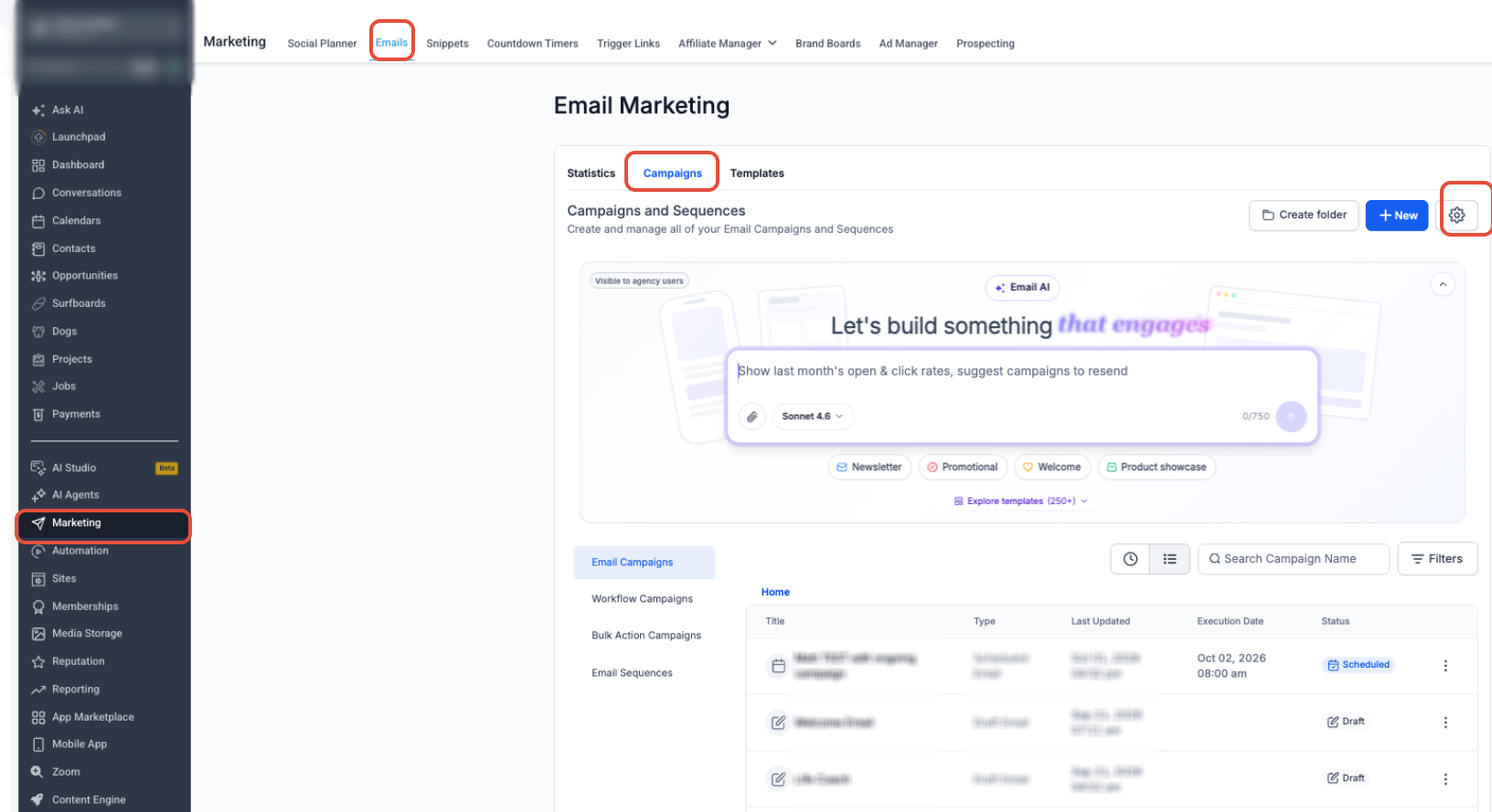 Email Campaigns showing the Settings gear