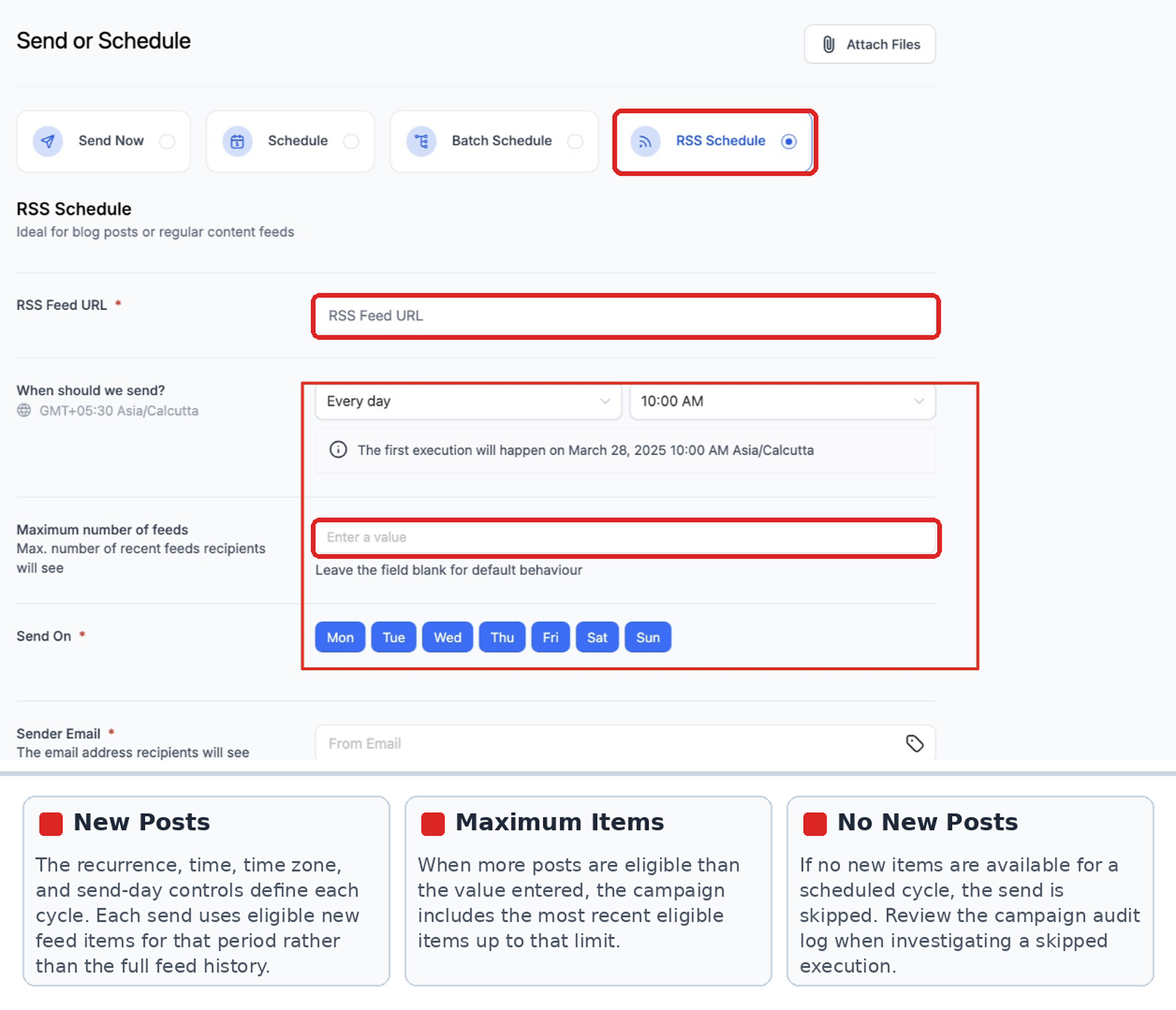 RSS Schedule settings showing delivery frequency, RSS Feed URL, maximum feed items, and explanations of scheduled RSS behavior