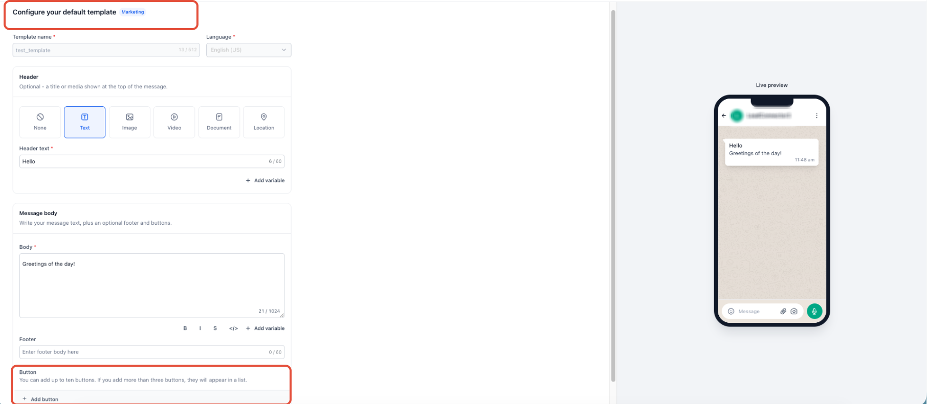 WhatsApp template editor showing the message content, button configuration section, and live preview