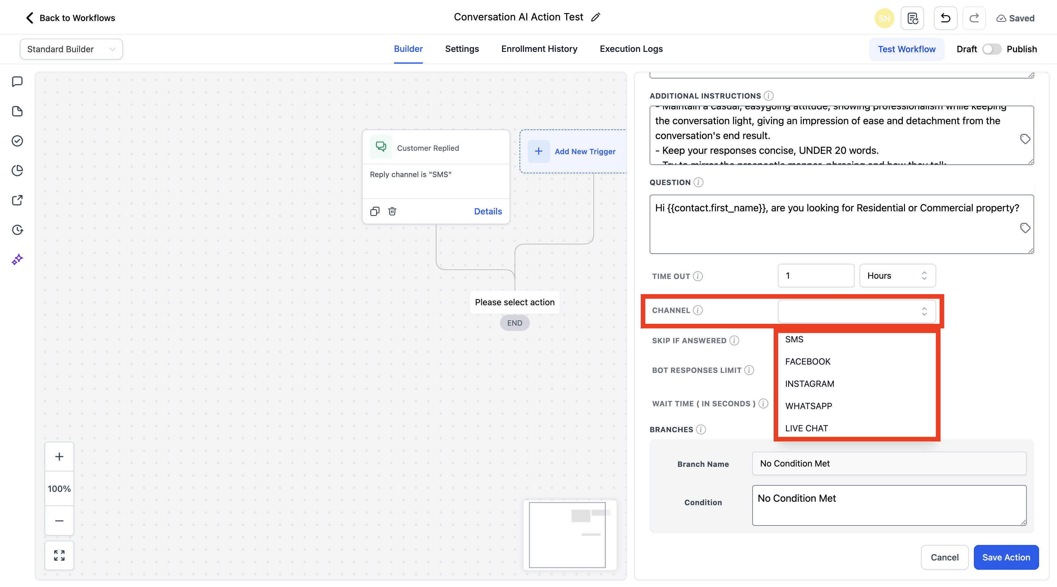 Conversation AI workflow action showing supported channel options