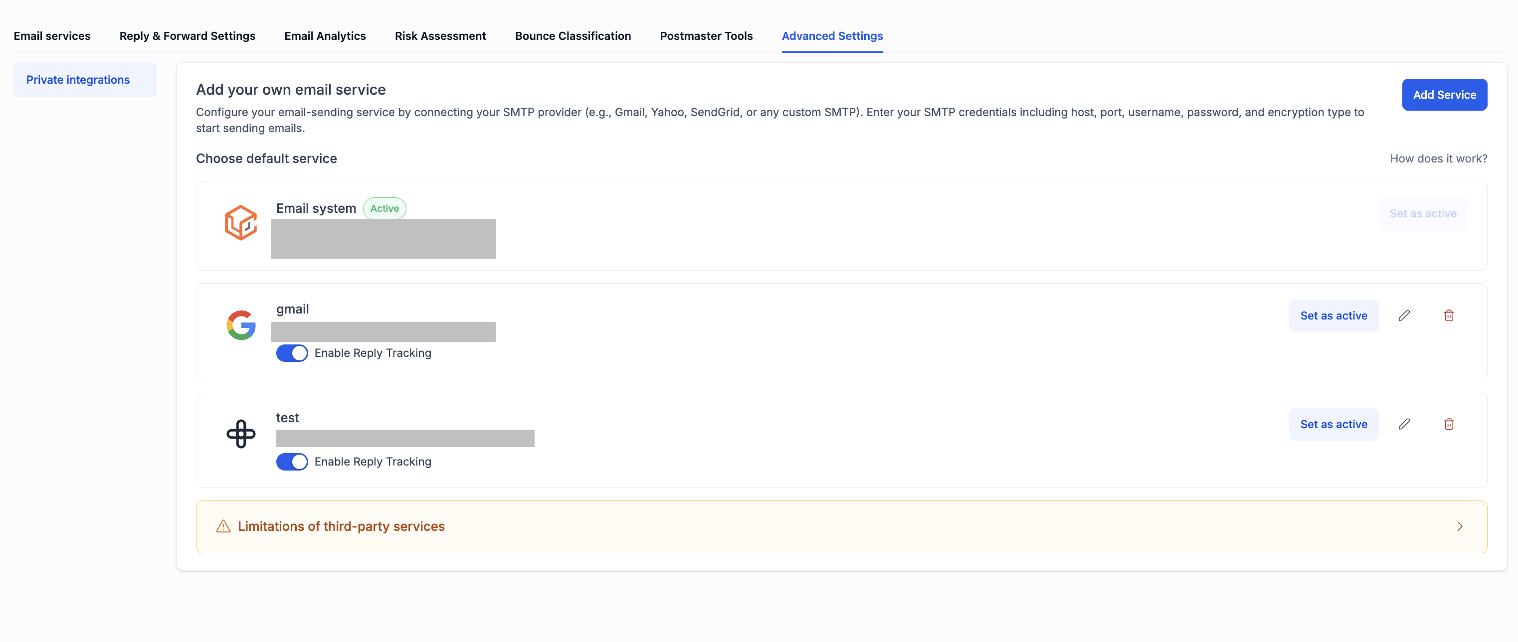 Click Add Service to open the SMTP setup popup