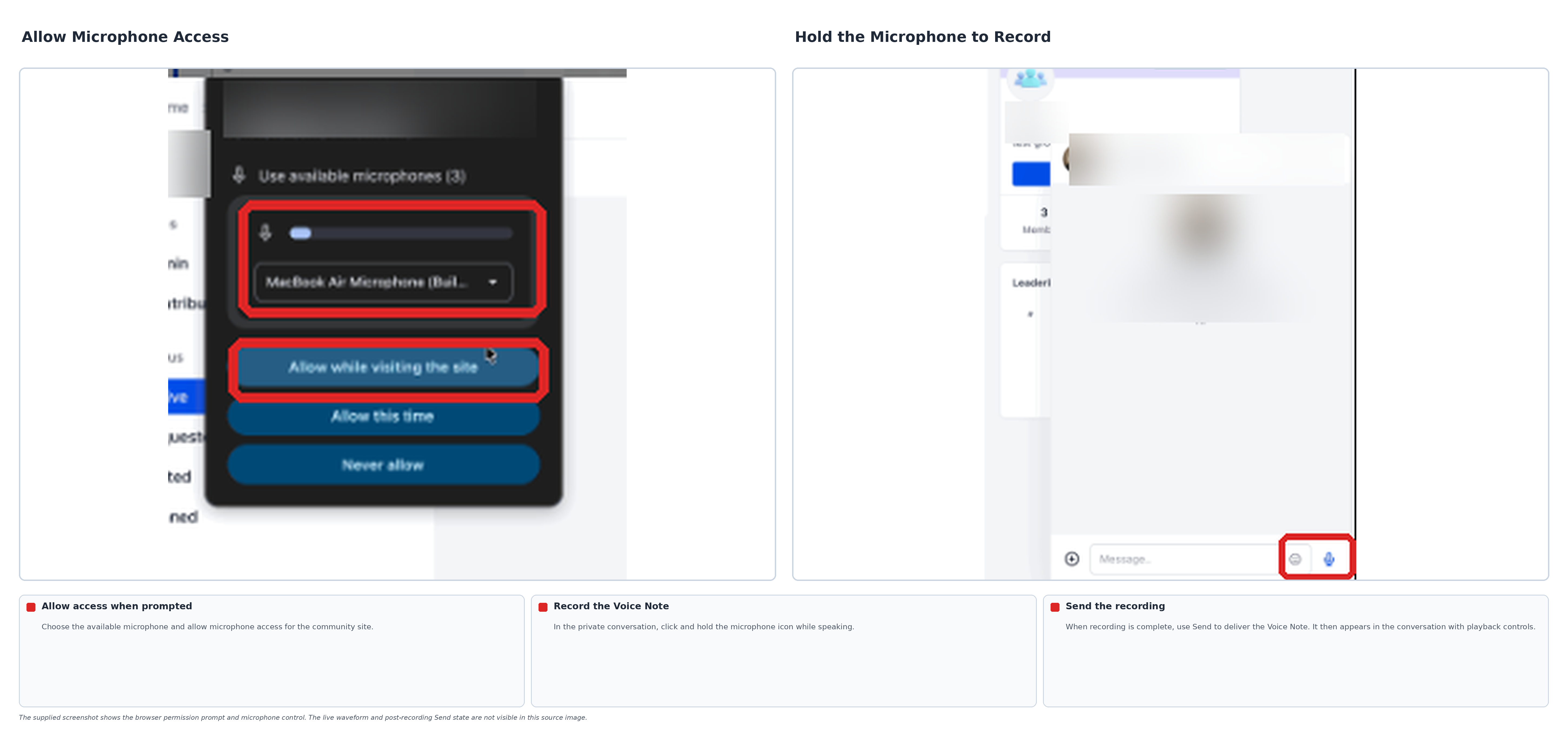 Browser microphone permission prompt and microphone recording controls in a Community Chat