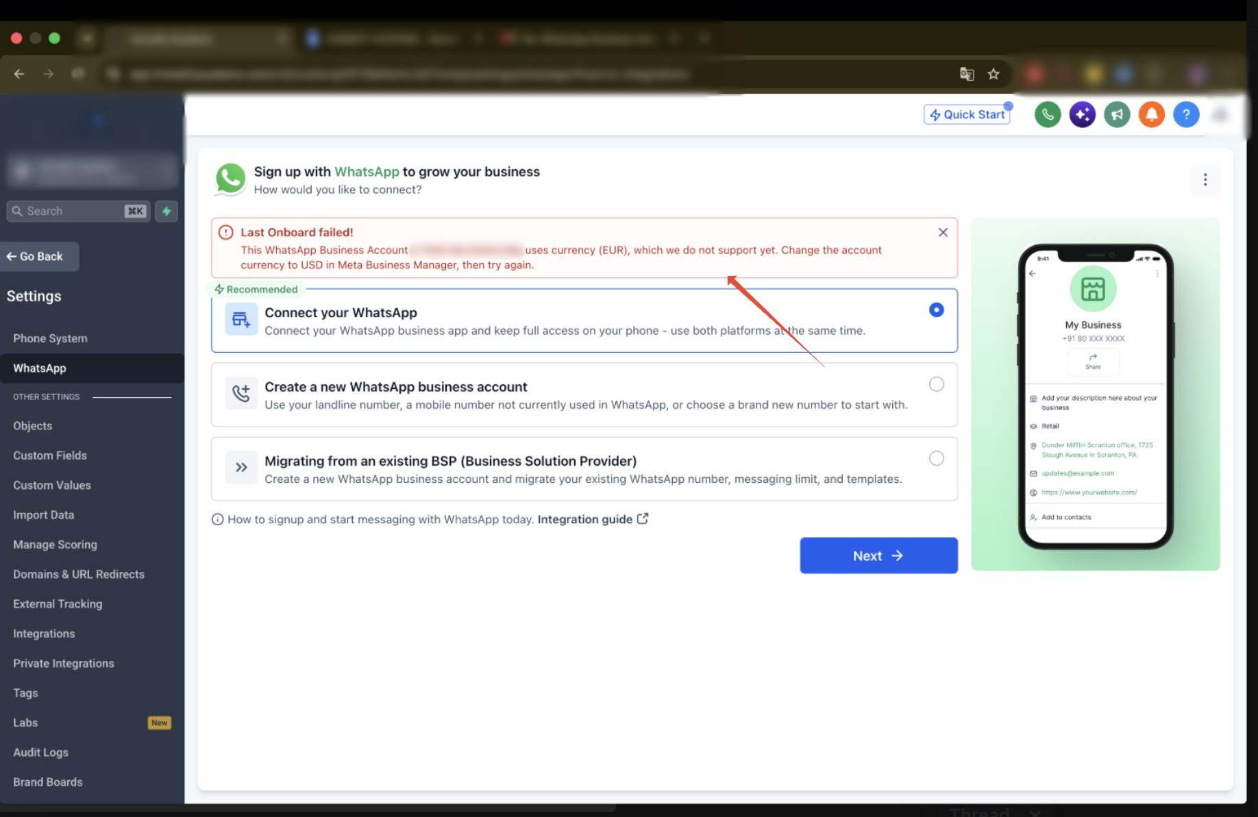WhatsApp onboarding error showing unsupported EUR currency