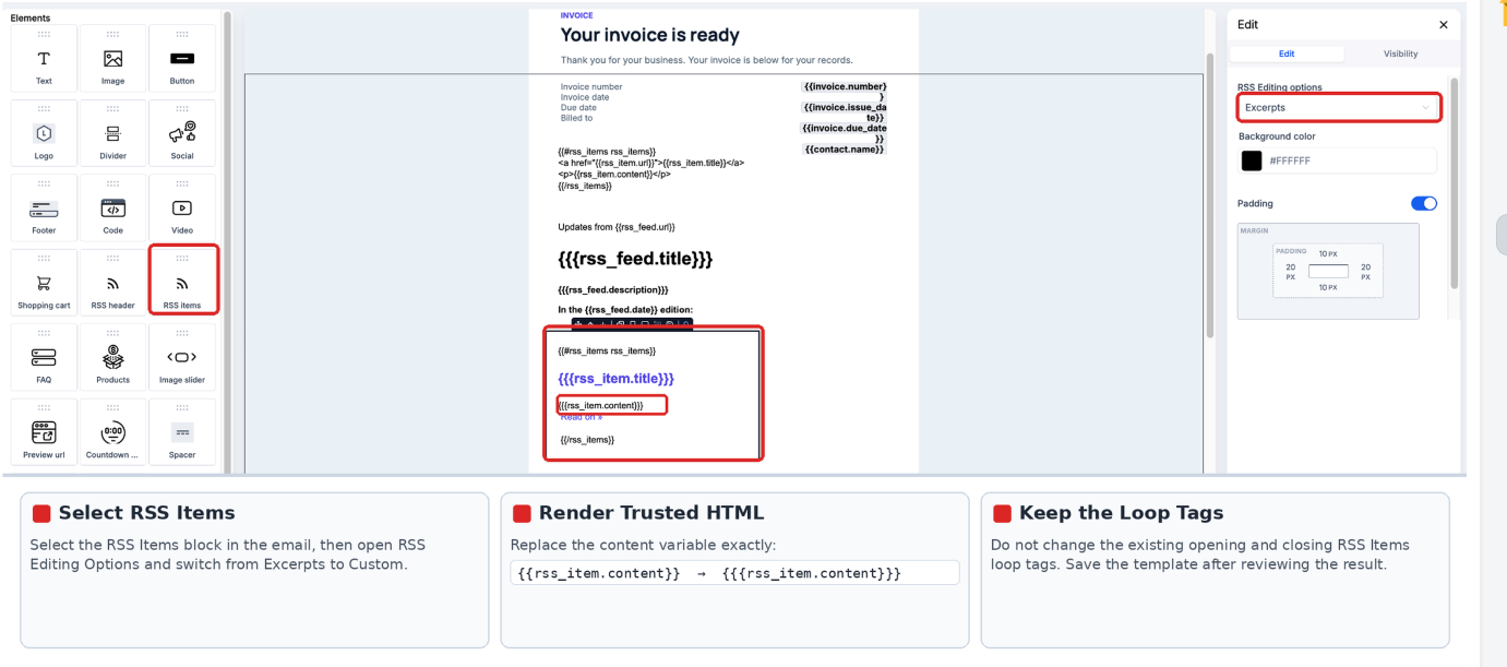 Email Builder showing the RSS Items block, RSS Editing Options, and the change from double braces to triple braces