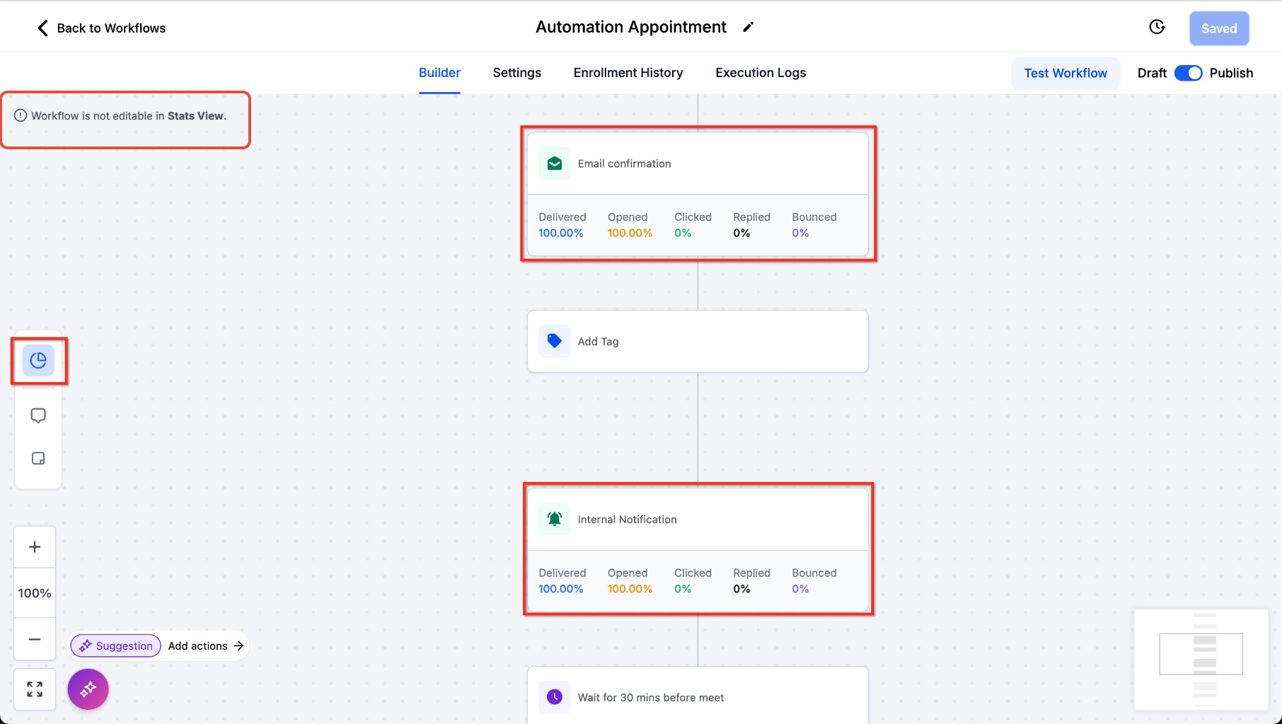 Workflow Builder showing Stats View enabled and delivery and engagement statistics on workflow communication actions