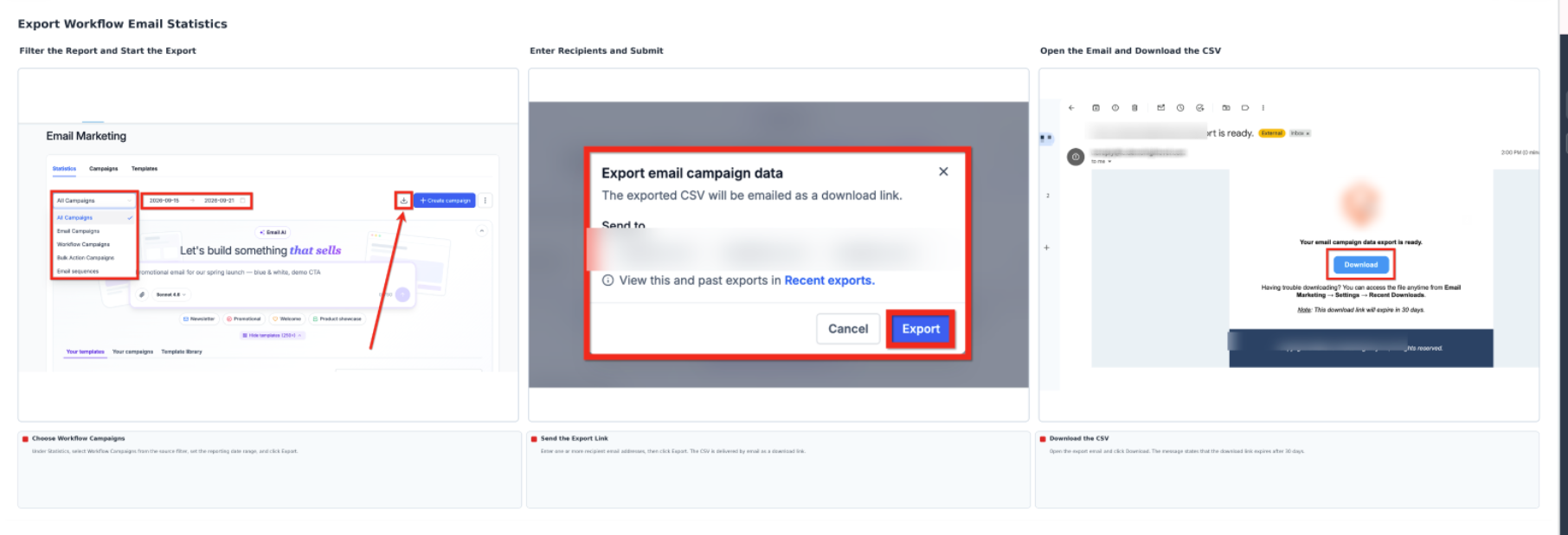 Email Statistics export workflow showing source selection, CSV export request, recipient email entry, and download instructions