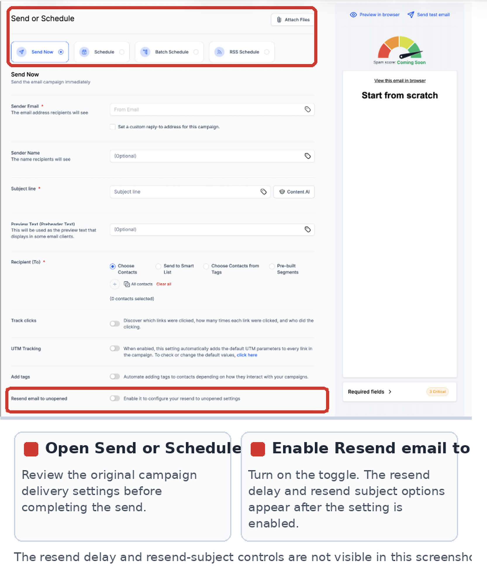 Send or Schedule settings showing the Resend email to unopened toggle used to configure a follow-up during campaign creation