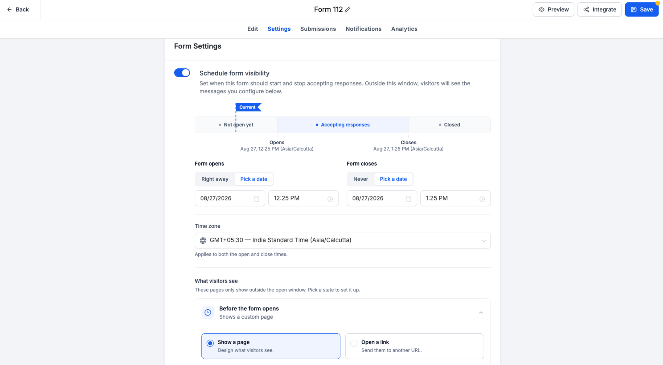 Opening and closing schedule settings