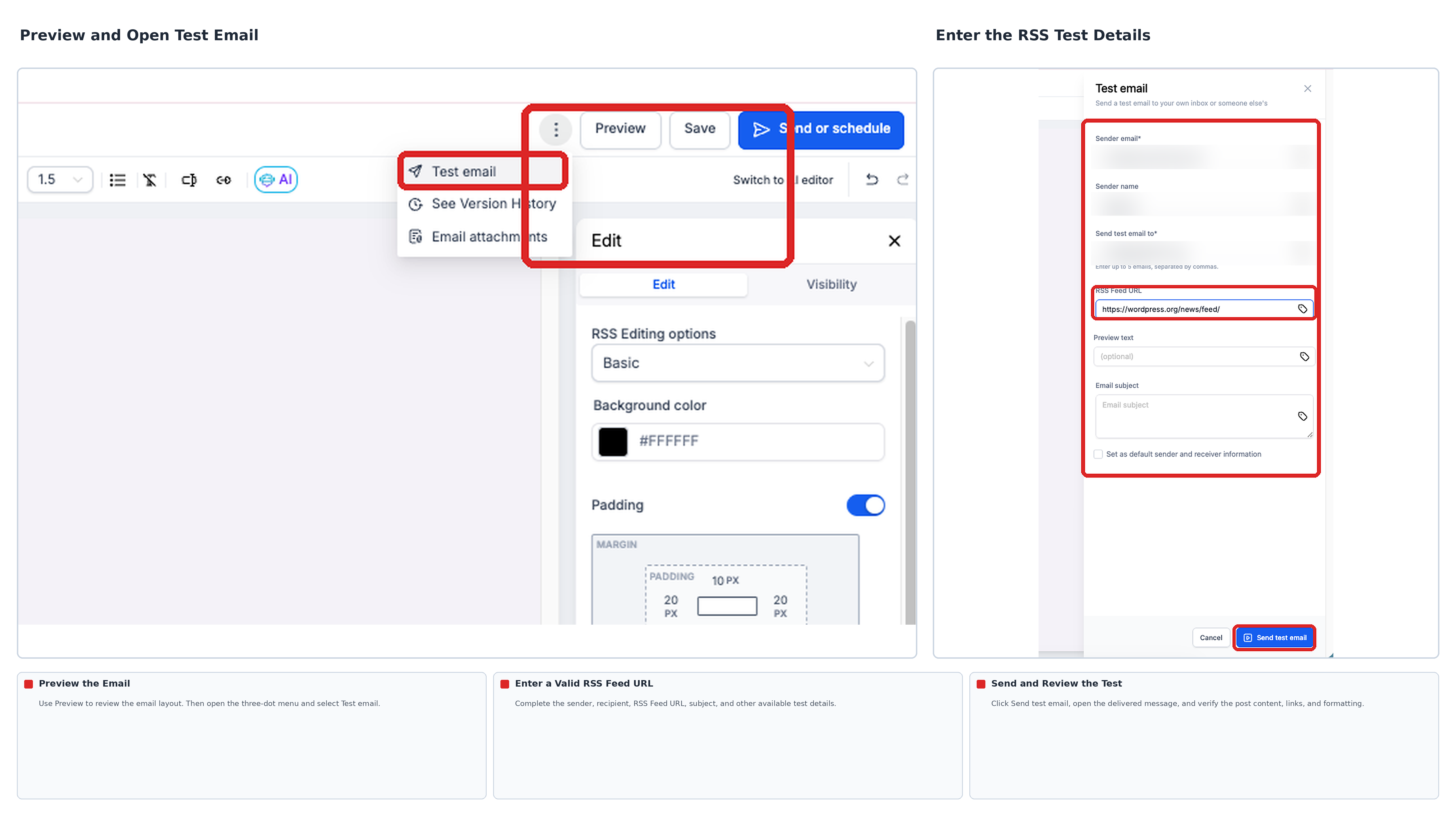 Email Builder showing the Test Email menu and RSS test email configuration, including the RSS Feed URL
