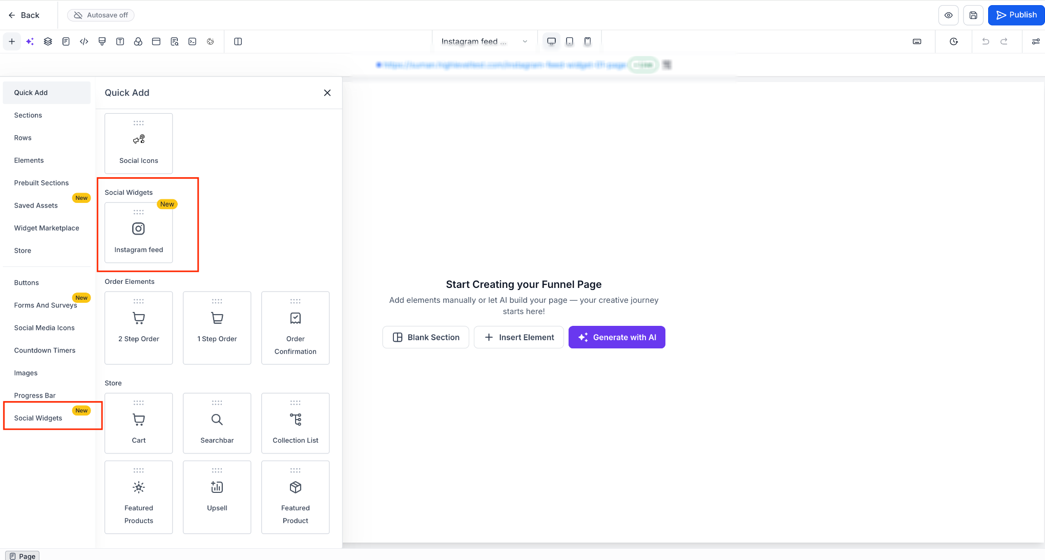 Page Builder showing the Instagram Feed widget under Social Widgets