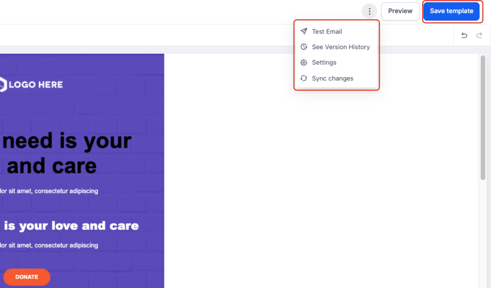 Plain Text Editor showing email content area and Save Template control