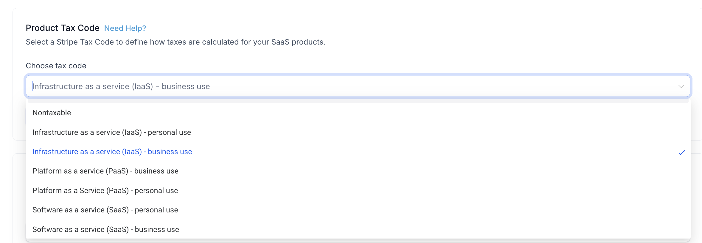 SaaS automatic tax settings showing the Product Tax Code selection