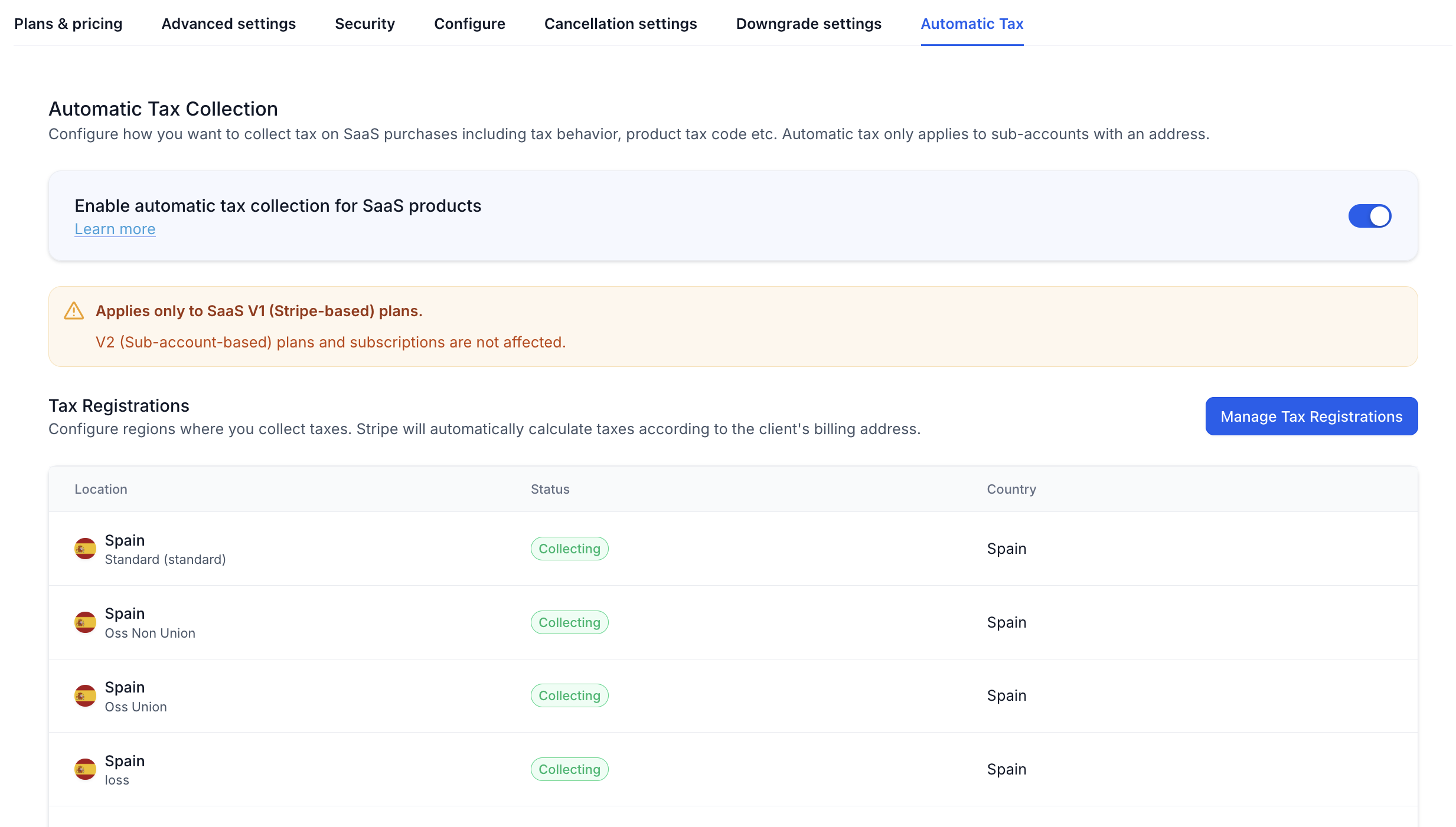 Stripe Tax configuration showing tax registration and collection settings