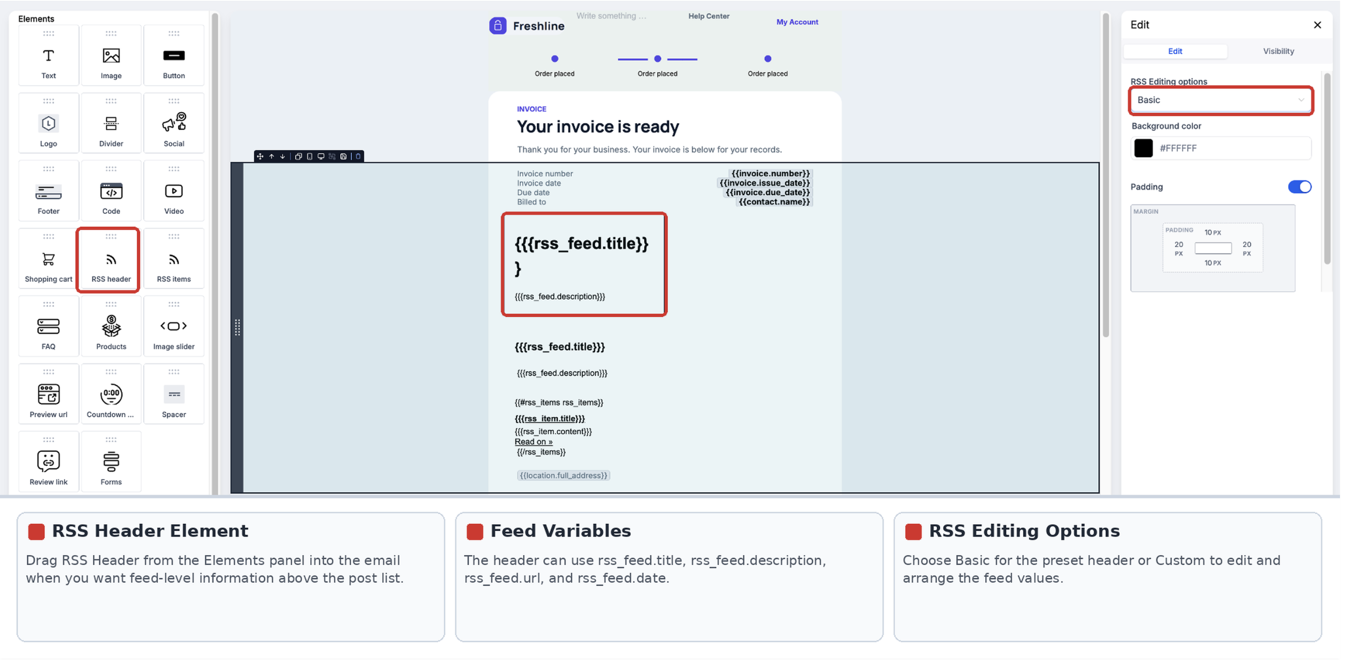 RSS Header element showing feed variables and Basic or Custom editing options
