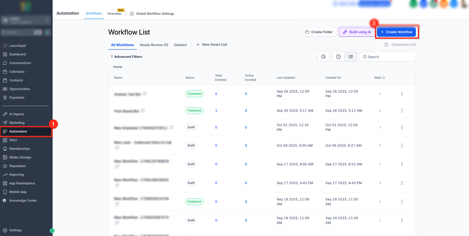 Automation Workflows page showing the Create Workflow button