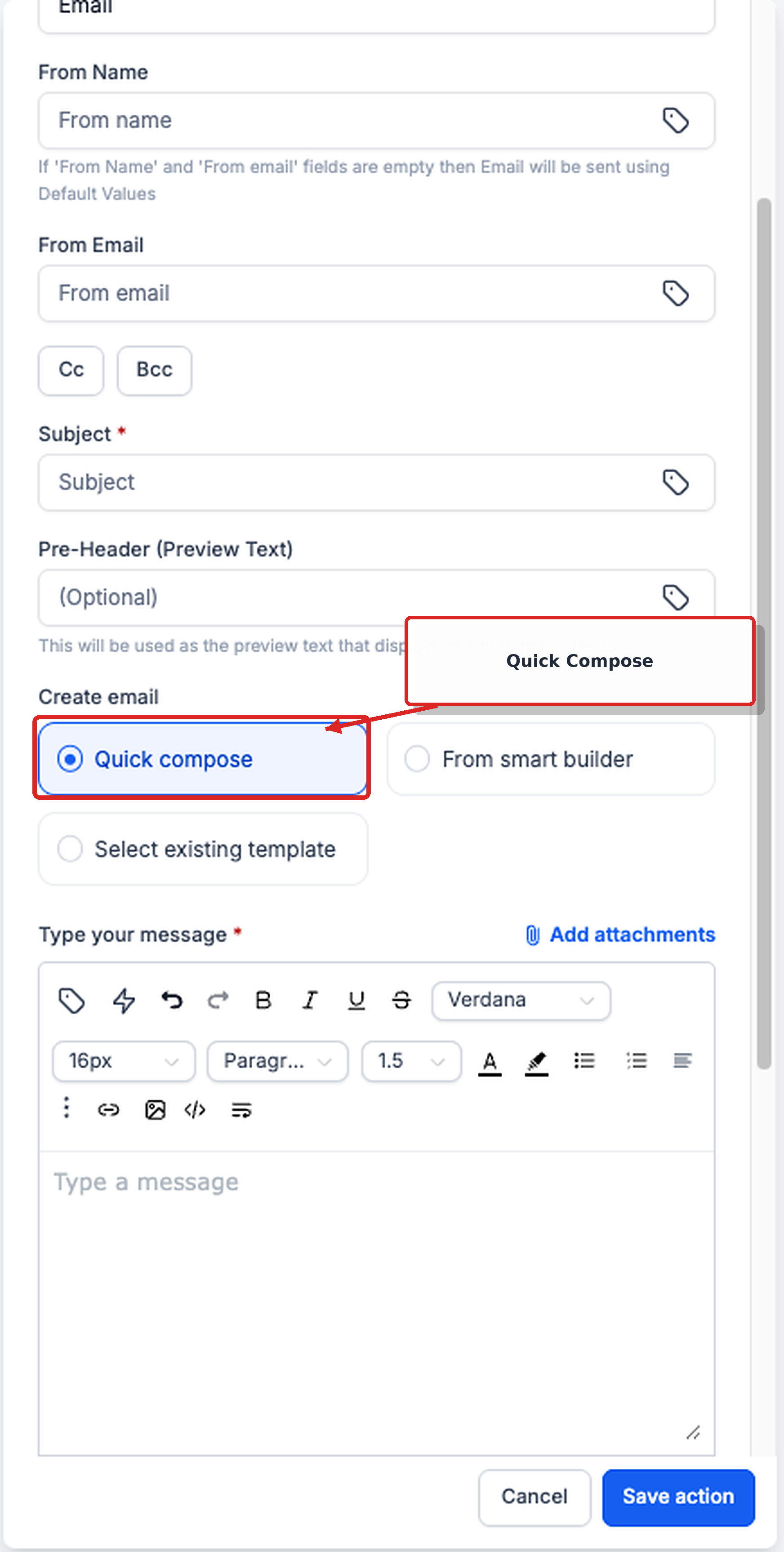 Send Email action showing the Quick Compose option