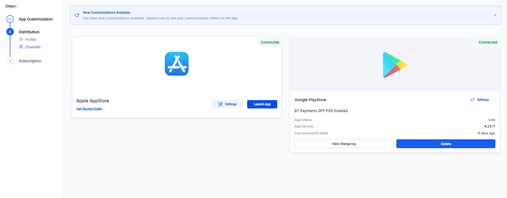 Distribution Channels showing connected Apple AppStore and Google PlayStore accounts