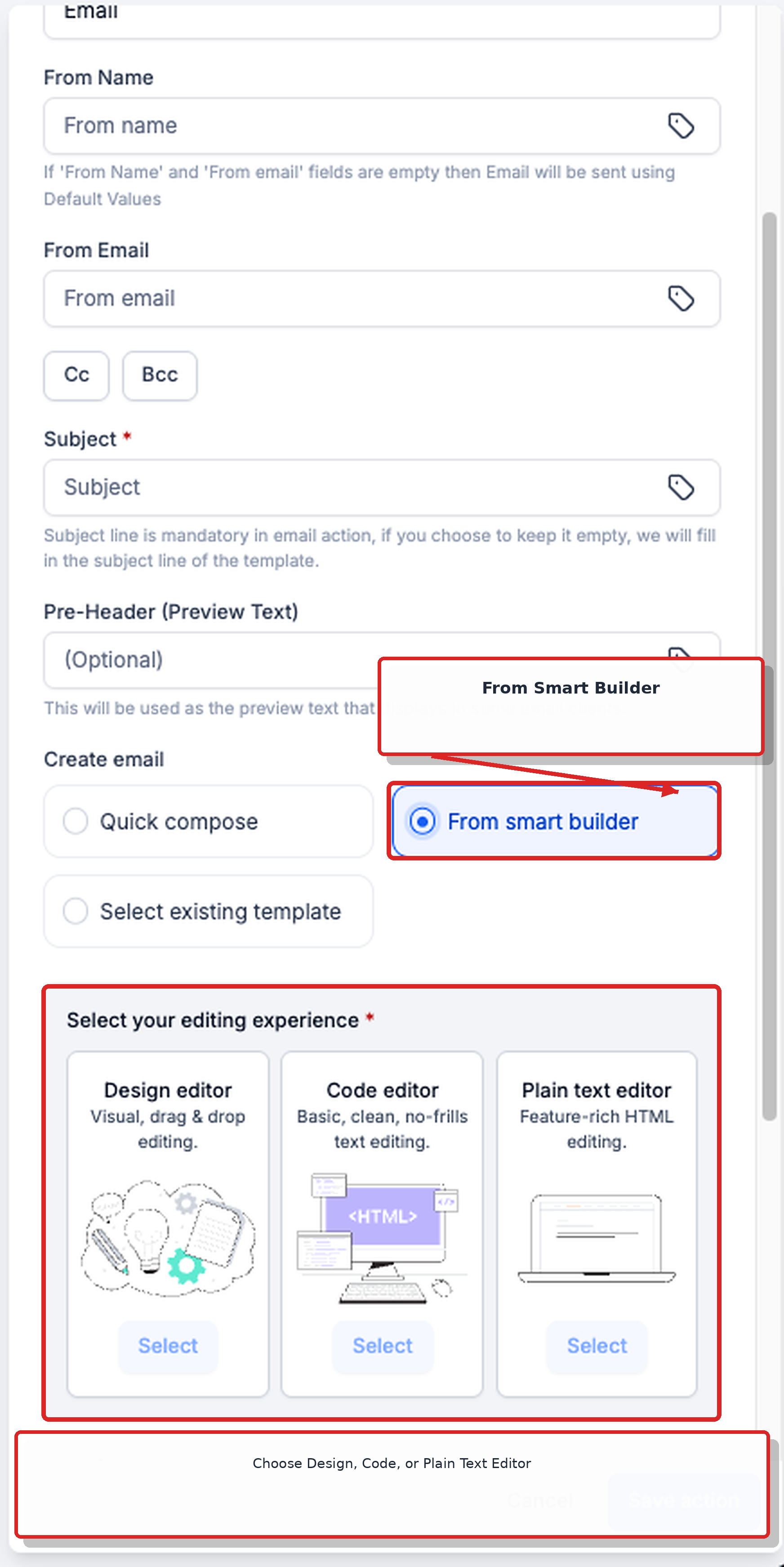 Send Email action showing the Smart Builder editing options