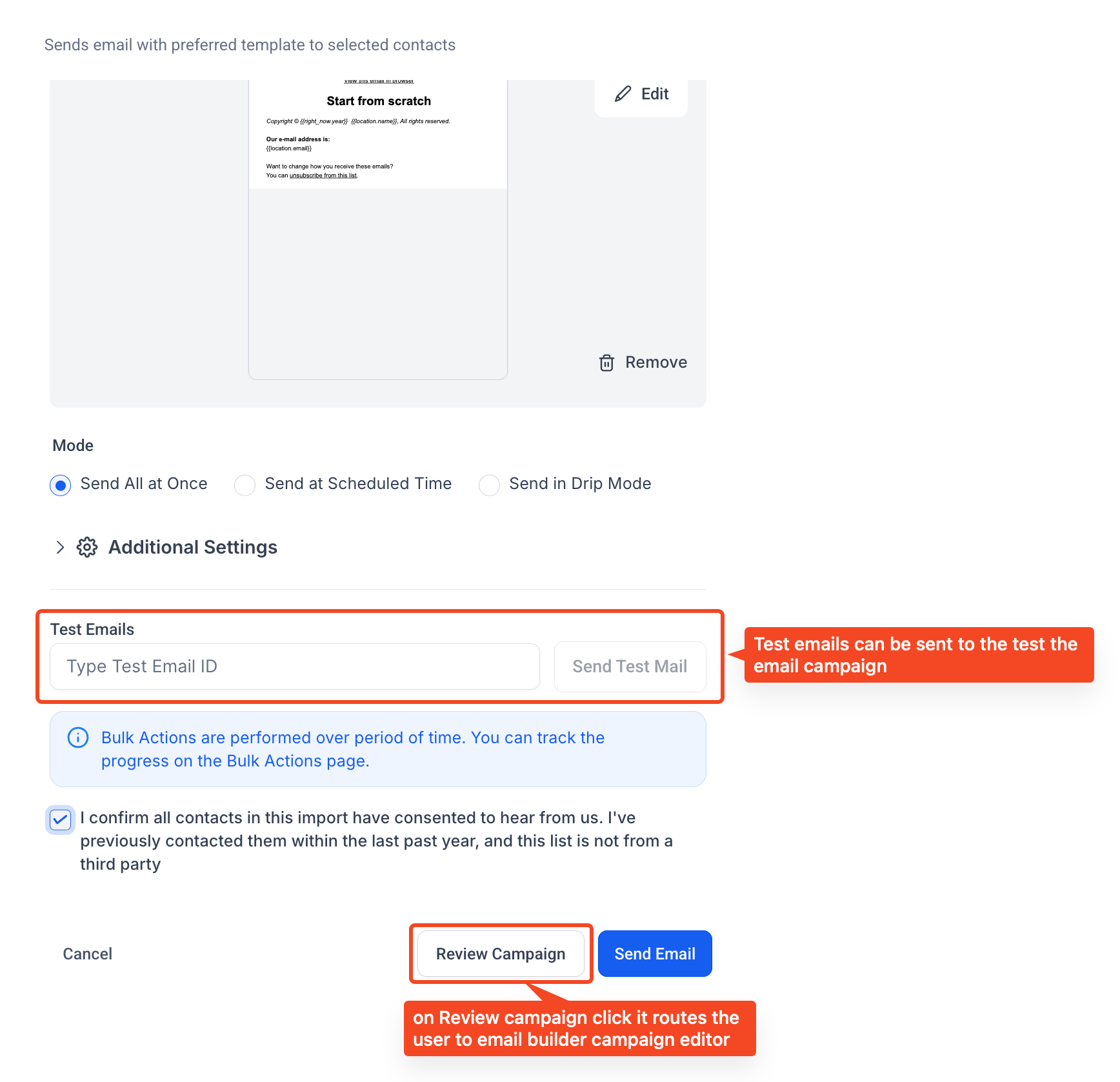 Bulk Email Builder showing a selected email template, delivery modes, test email controls, and Review Campaign