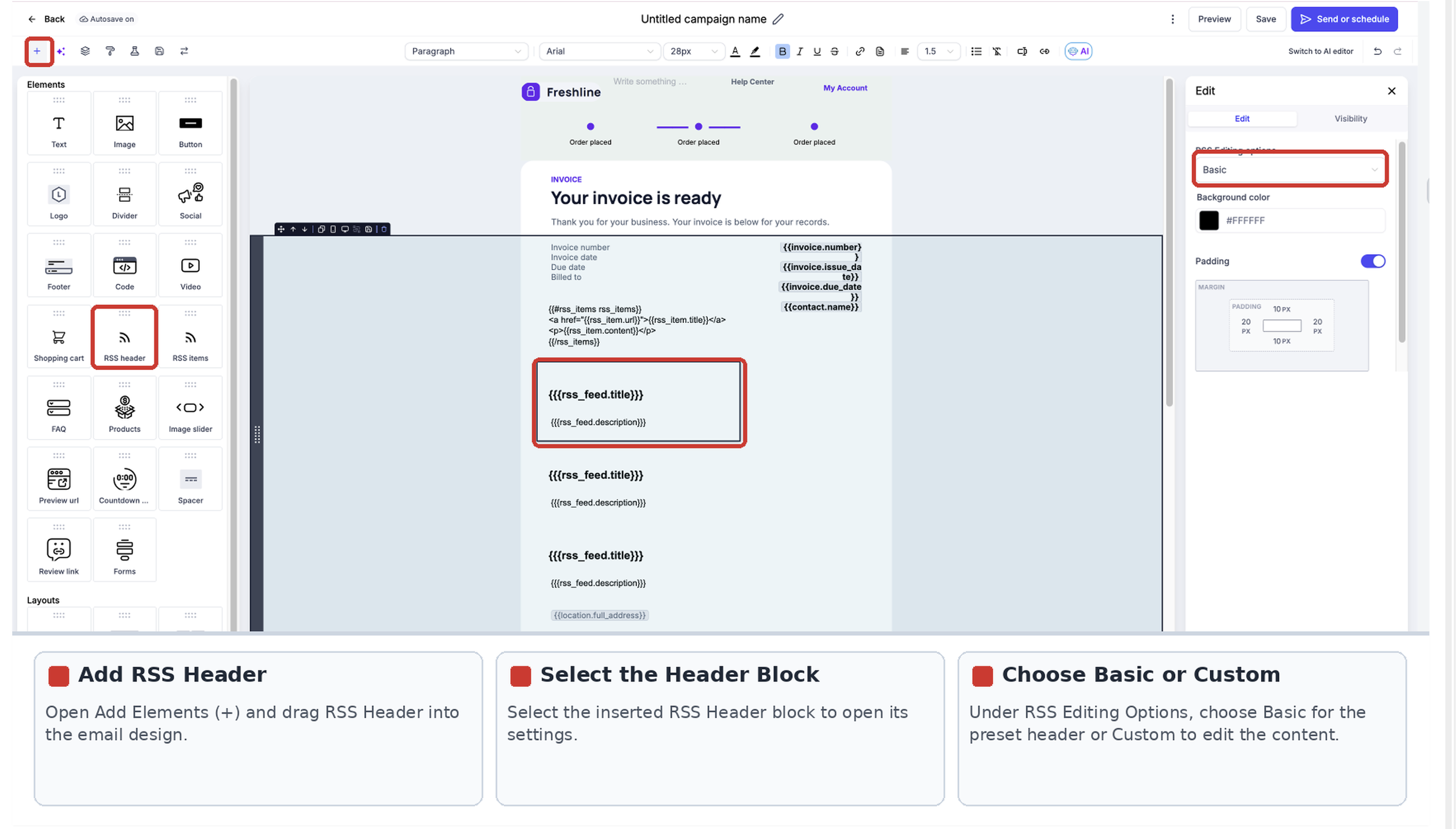 Email Builder showing how to add an RSS Header and select Basic or Custom editing options