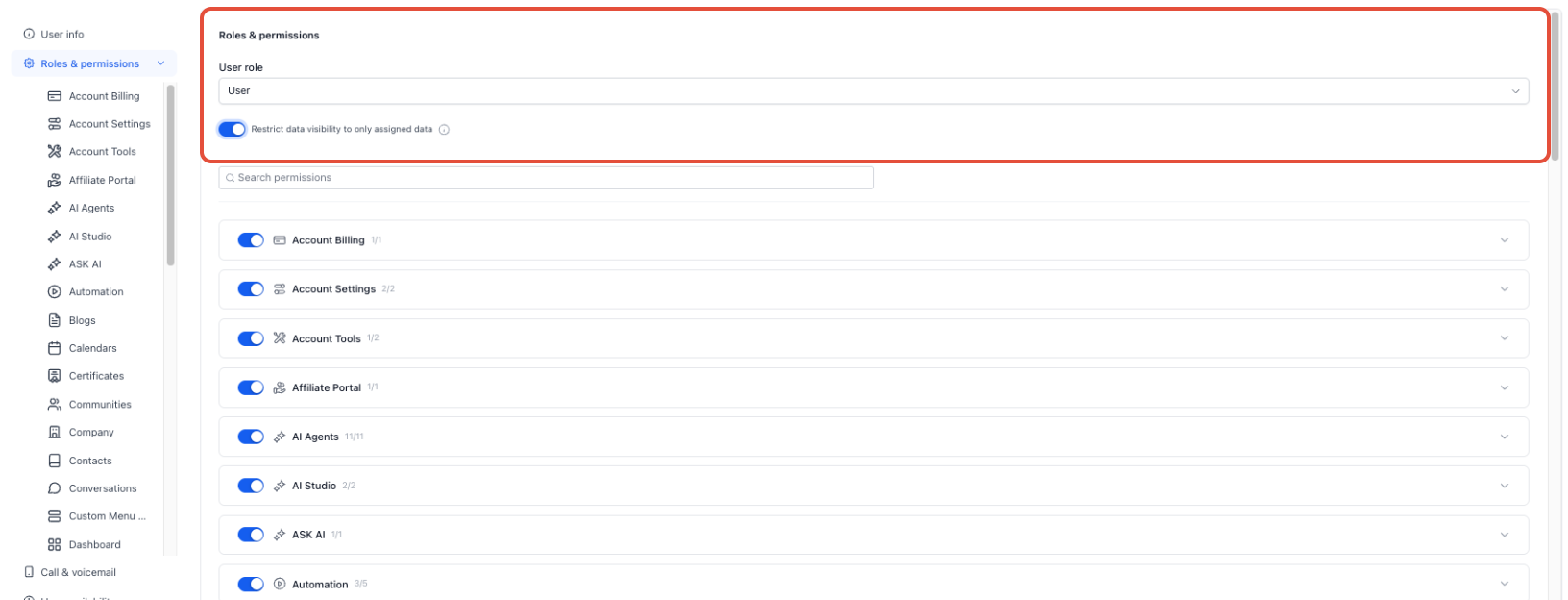 Roles and Permissions settings showing the Only Assigned Data option
