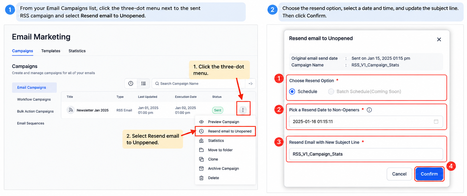 Email Campaigns showing Resend to Unopened and the resend scheduling options