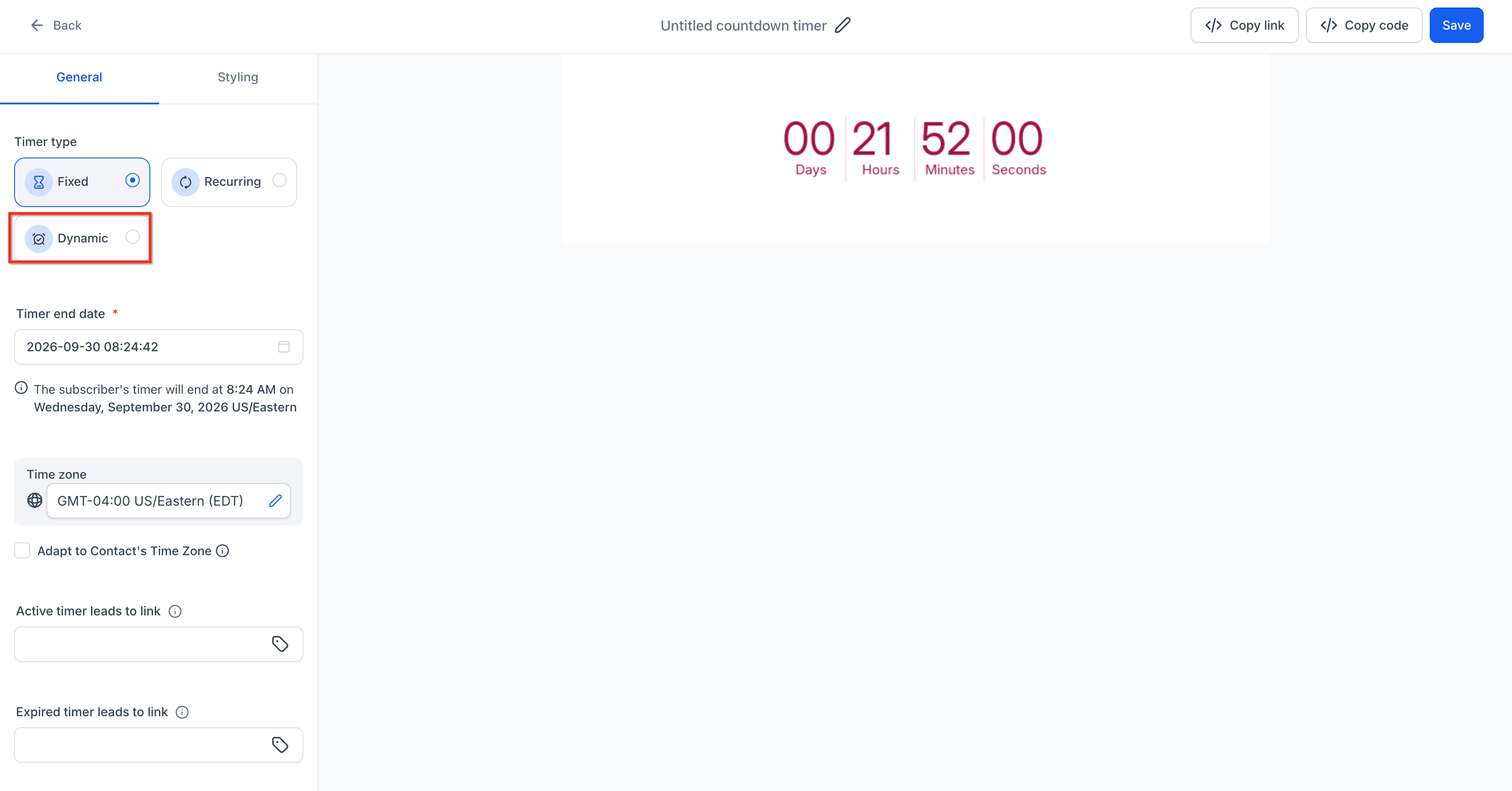 Select Dynamic as the countdown timer type