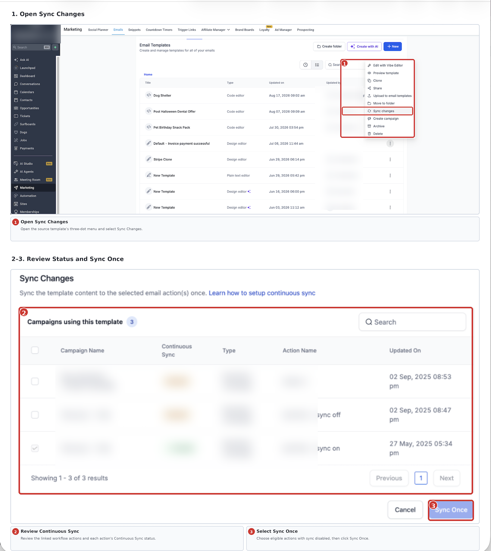 Sync Changes dialog showing linked email actions and continuous sync settings