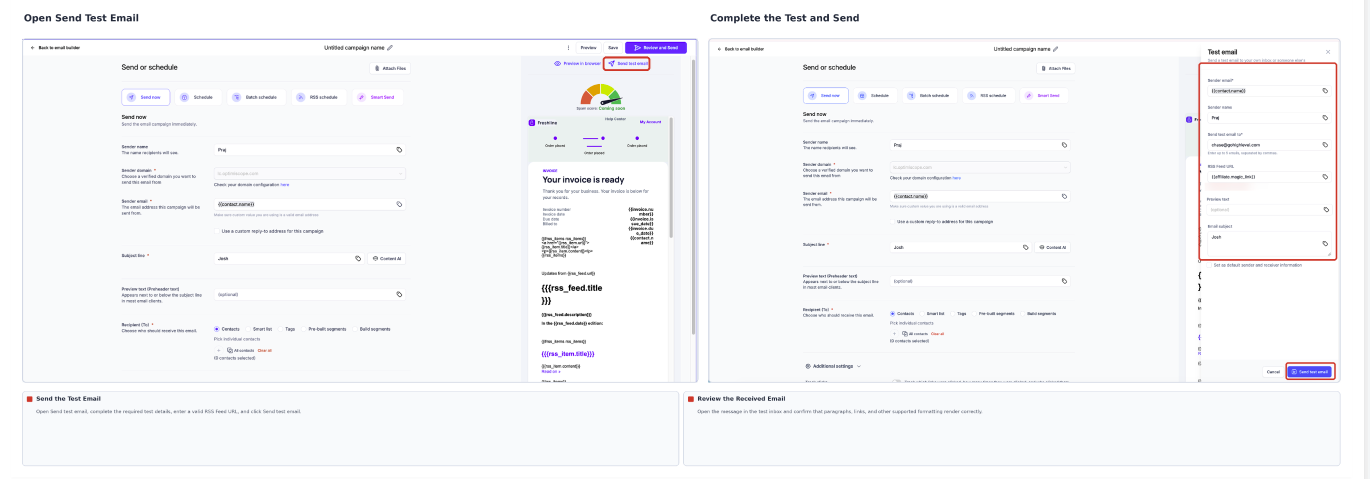 Email campaign editor showing the Test Email option, test email fields, and Send Test Email button