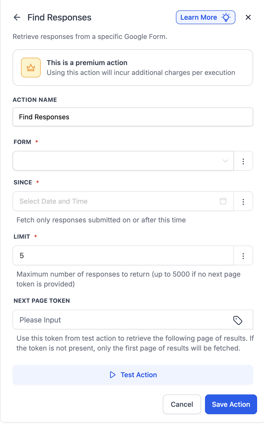 Google Forms workflow action configuration