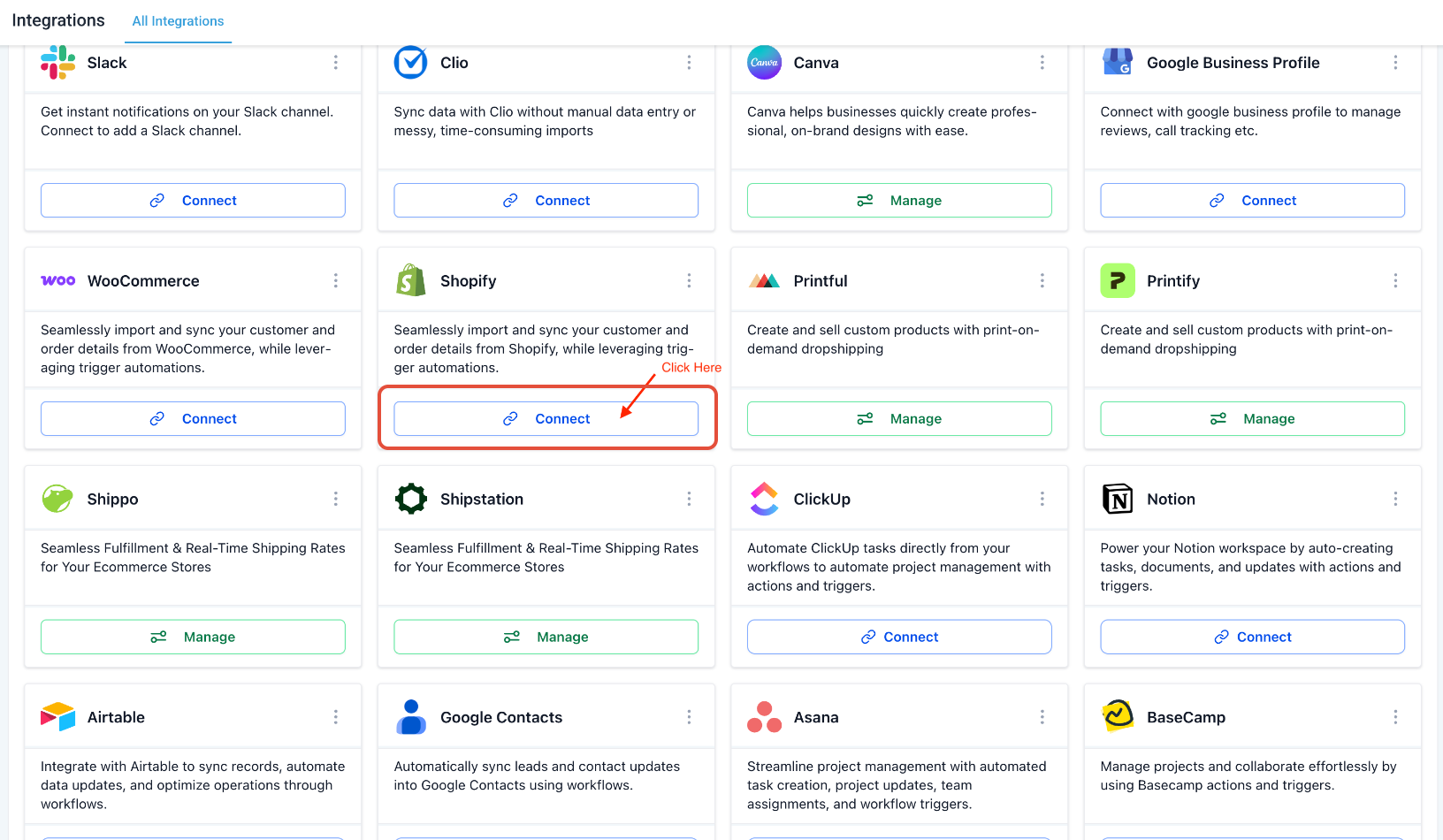 Shopify integration connection option in Settings