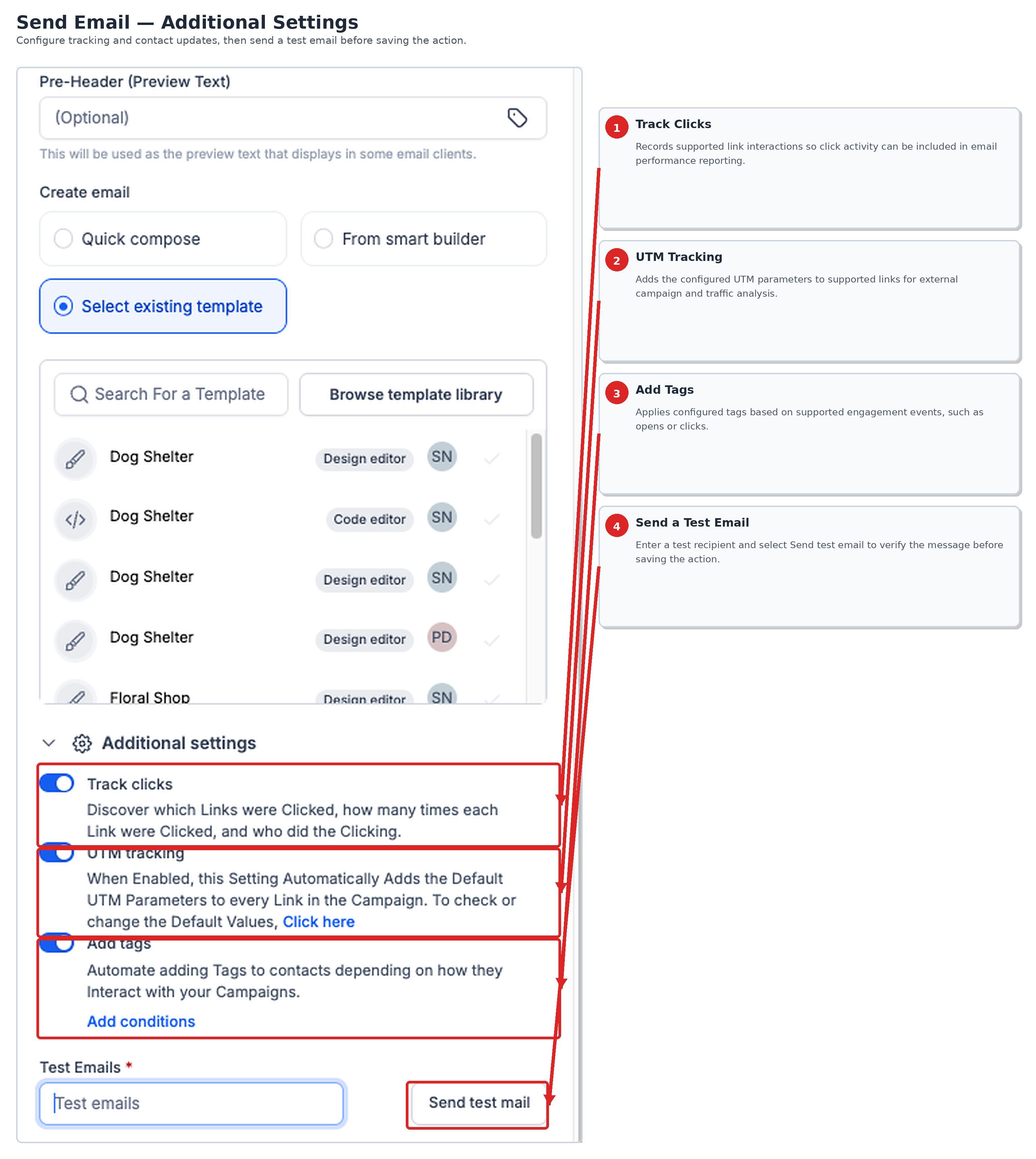 Send Email action showing click tracking, UTM tracking, contact tags, and email testing settings