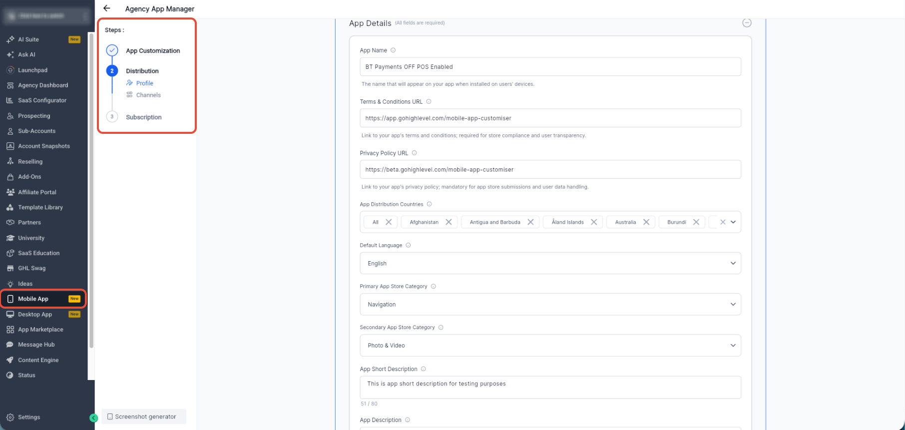 Distribution Profile showing App Name, policy URLs, distribution countries, language, categories, and app description
