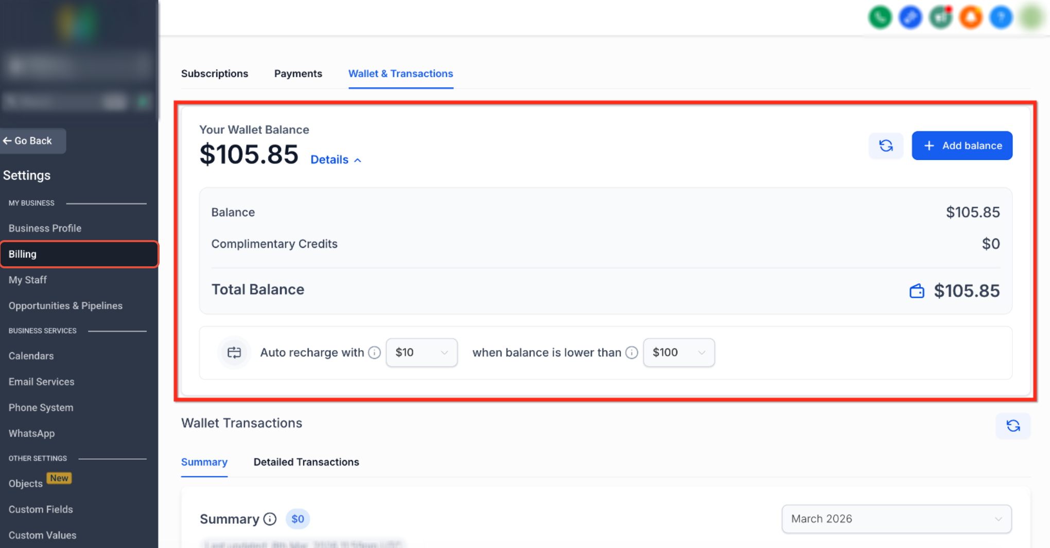Wallet balance and funding controls