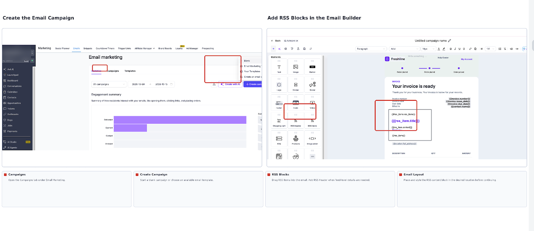 Email Campaigns interface and Email Builder showing how to create a campaign and add RSS content blocks