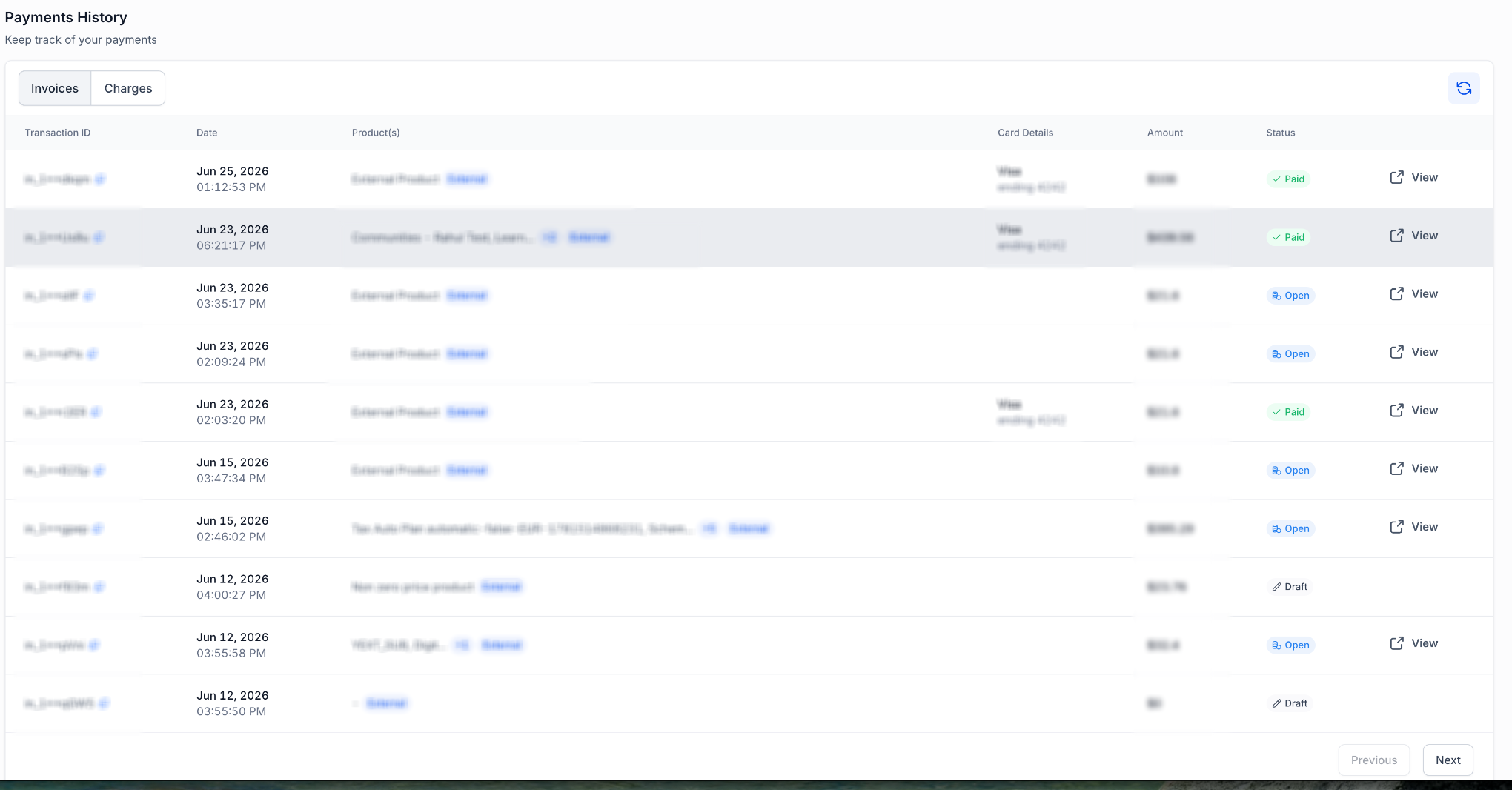 Invoice list with charge and product details