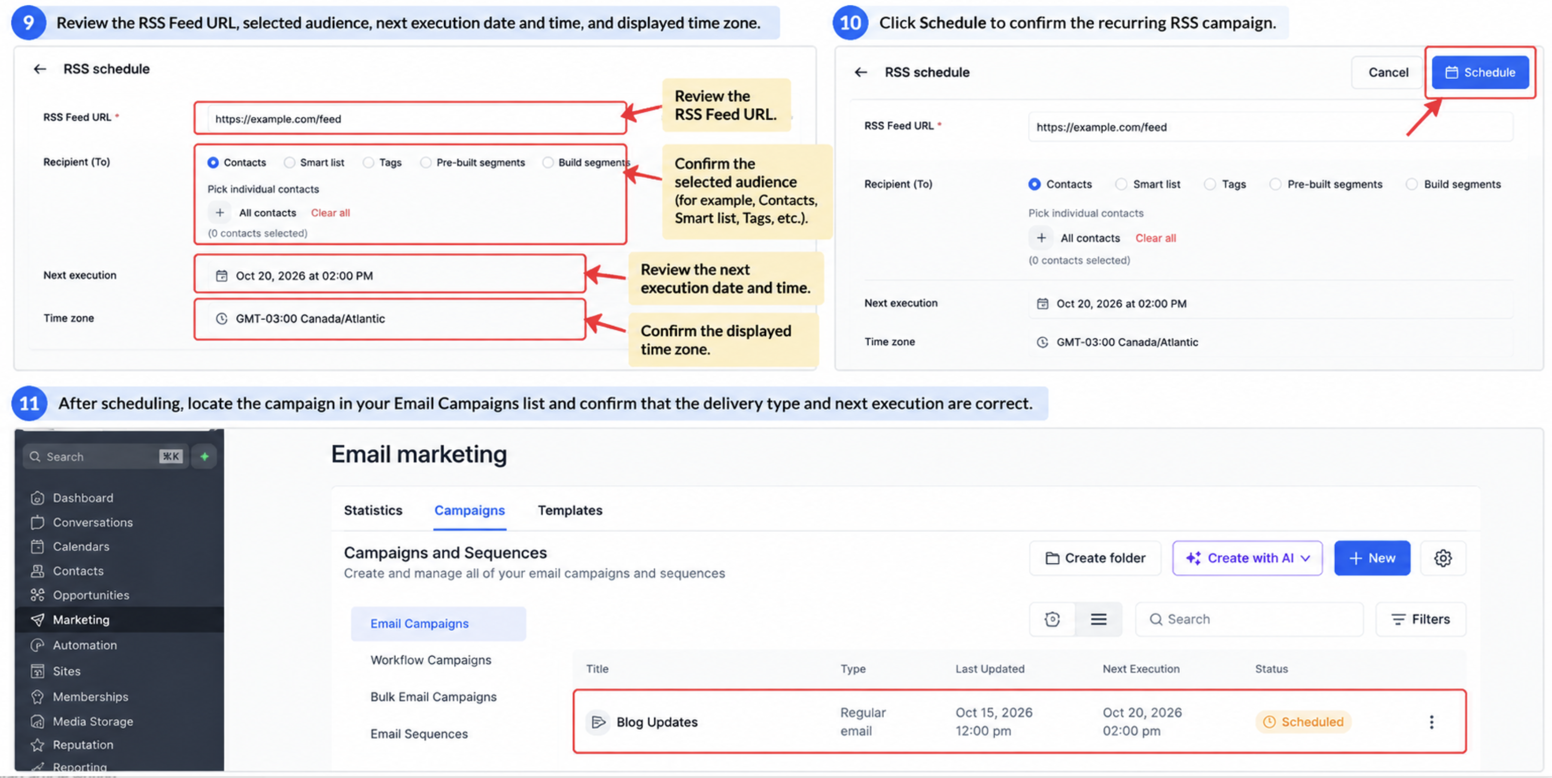RSS Schedule confirmation showing the selected audience, next execution, time zone, and Schedule button