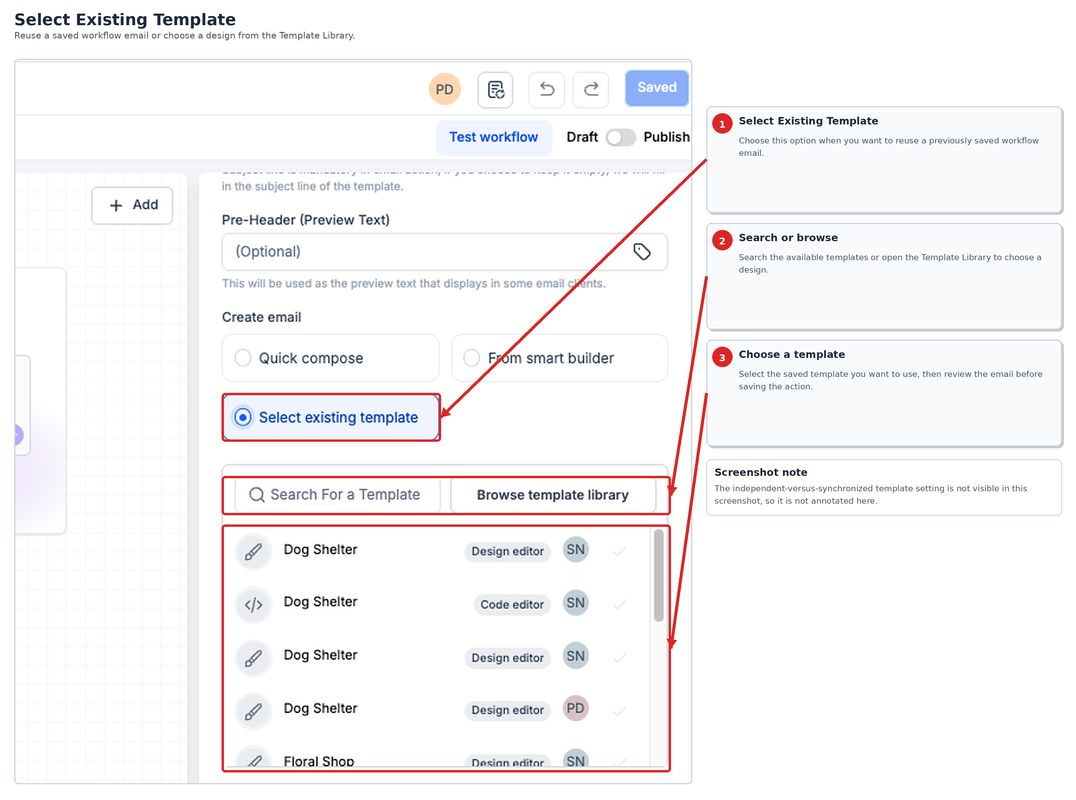 Send Email action showing the Select Existing Template option