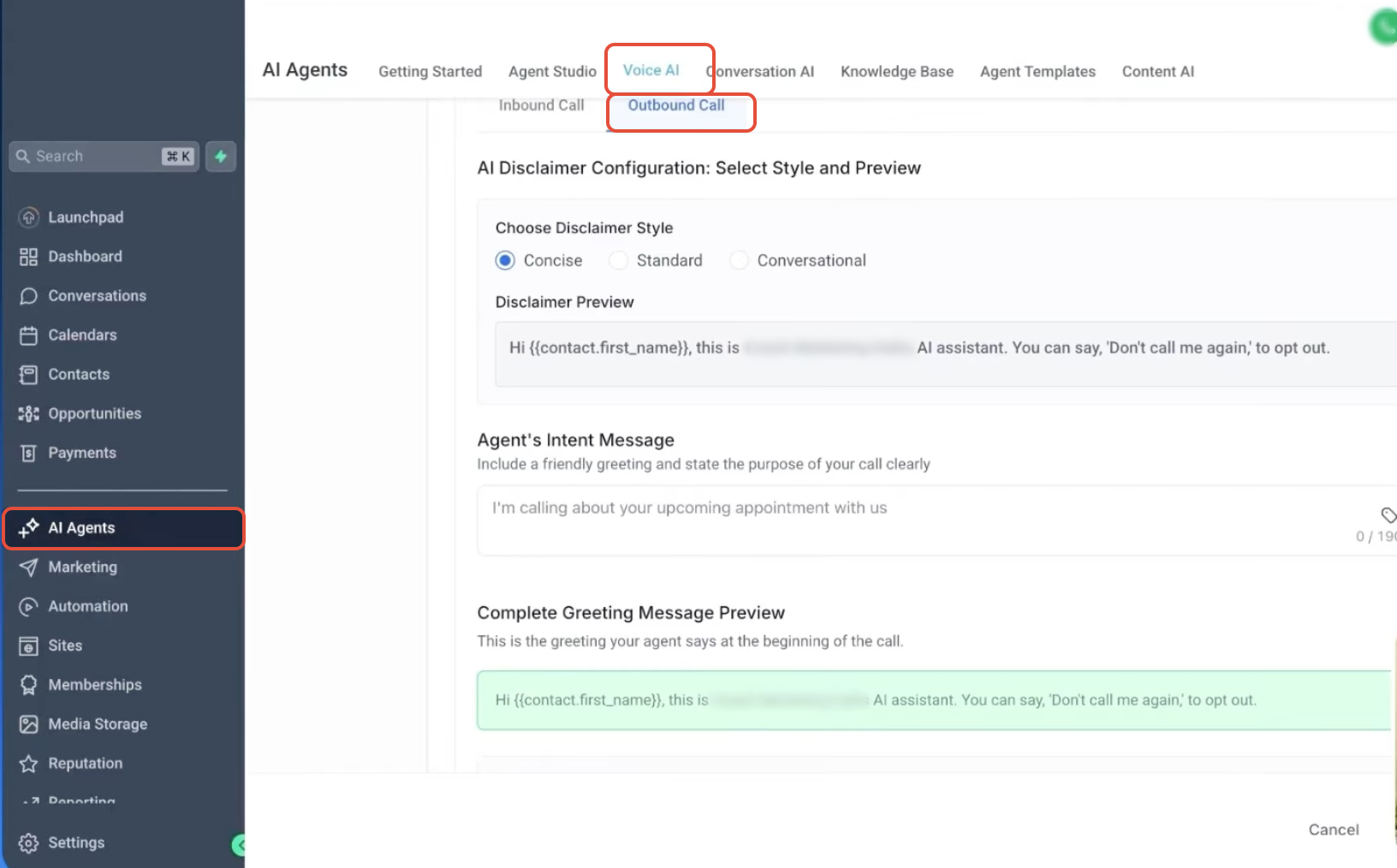 Voice AI outbound disclaimer configuration