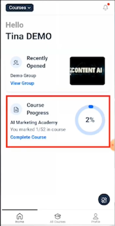 Mobile learning home screen showing a Course Progress card with the course name, completion percentage, and completed lesson count