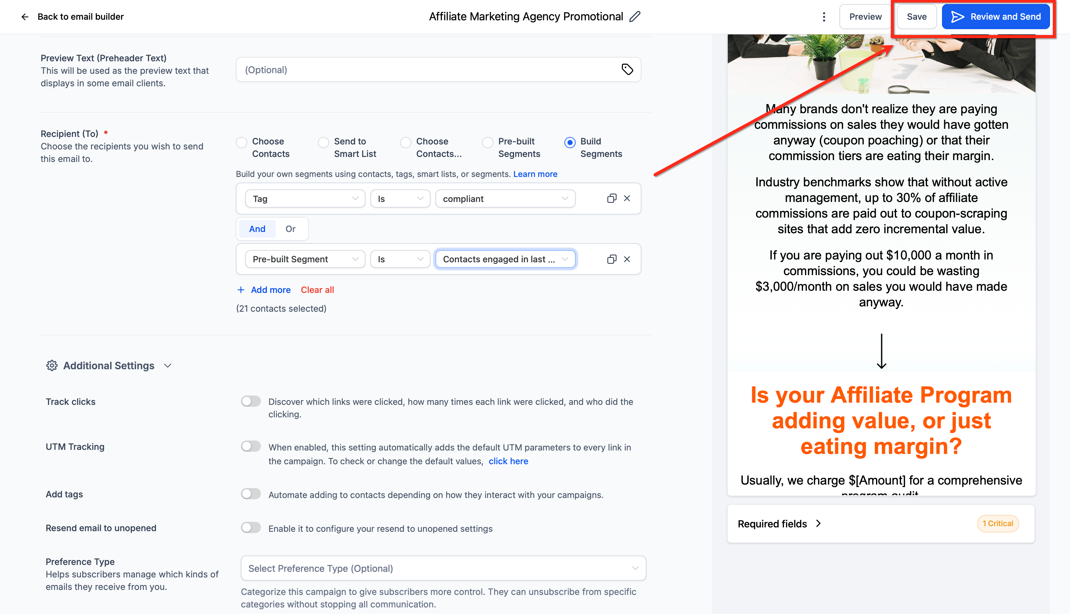 Segment builder showing filters, AND OR controls, and save options