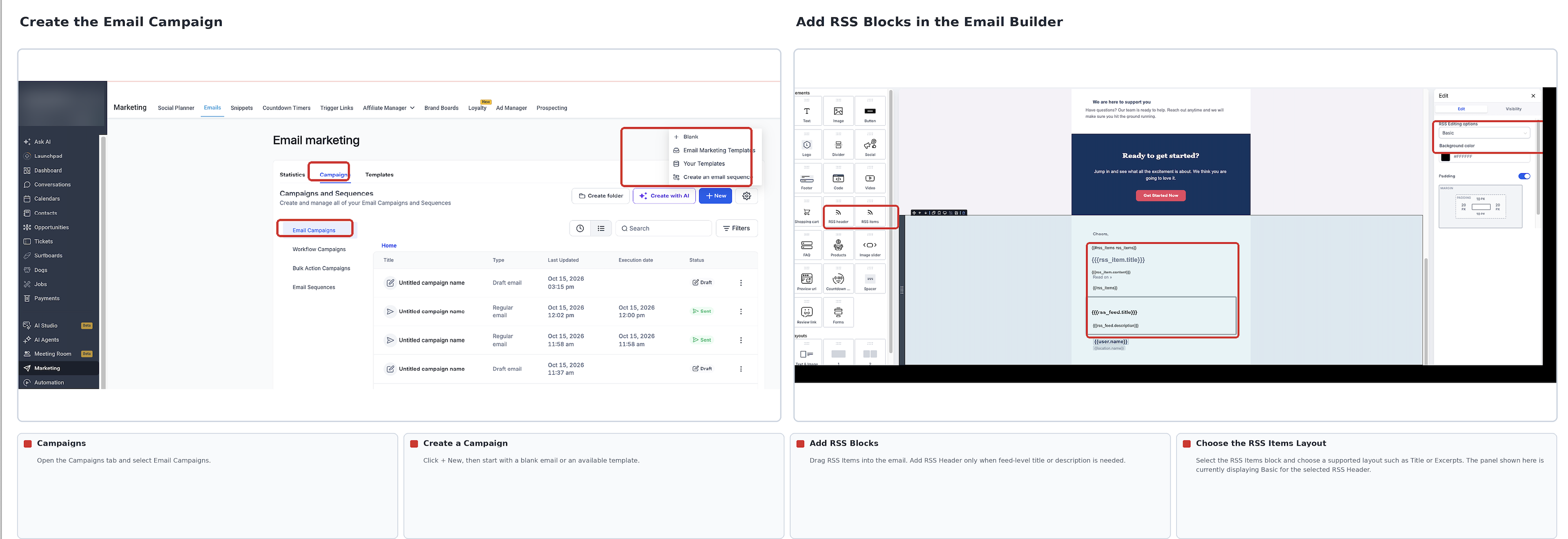 Email Campaigns interface showing campaign creation and the addition of RSS content blocks in Email Builder