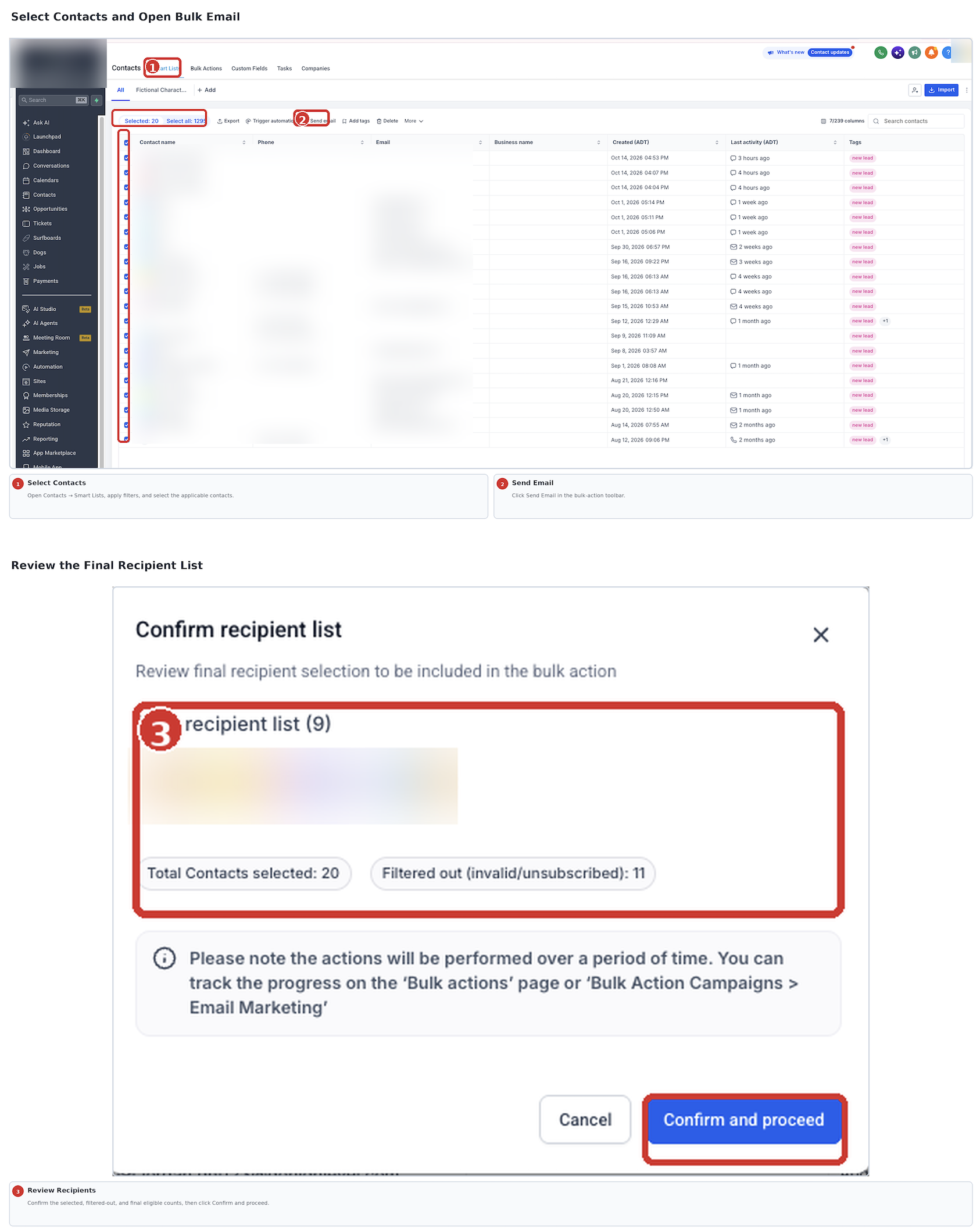 Contacts and Smart Lists interface showing contact selection, Send Email, and the recipient confirmation dialog