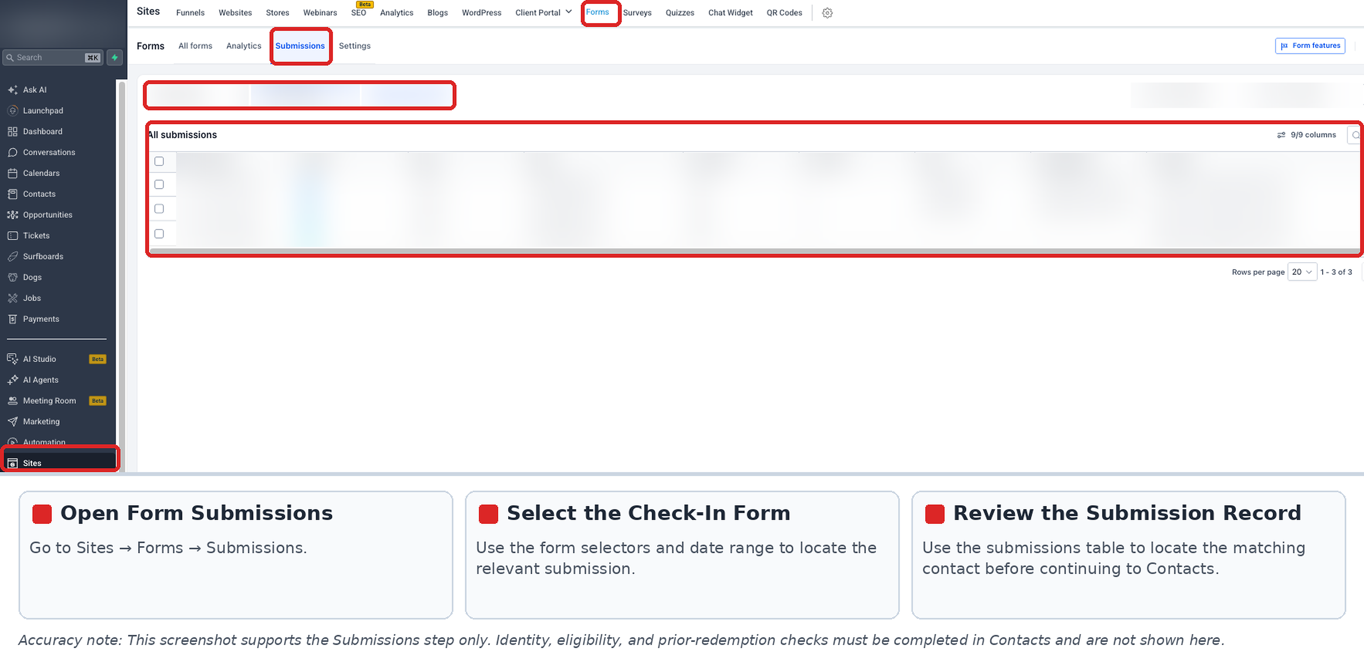 Forms Submissions page showing form selection, submission records, and controls for locating a visitor's response