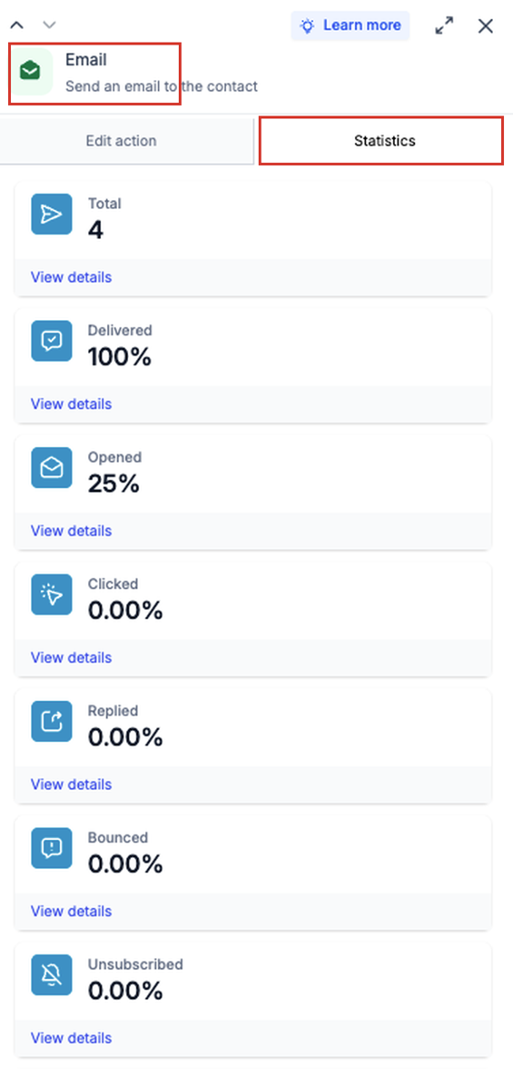 Workflow Email action panel showing the Statistics tab and email delivery and engagement metrics